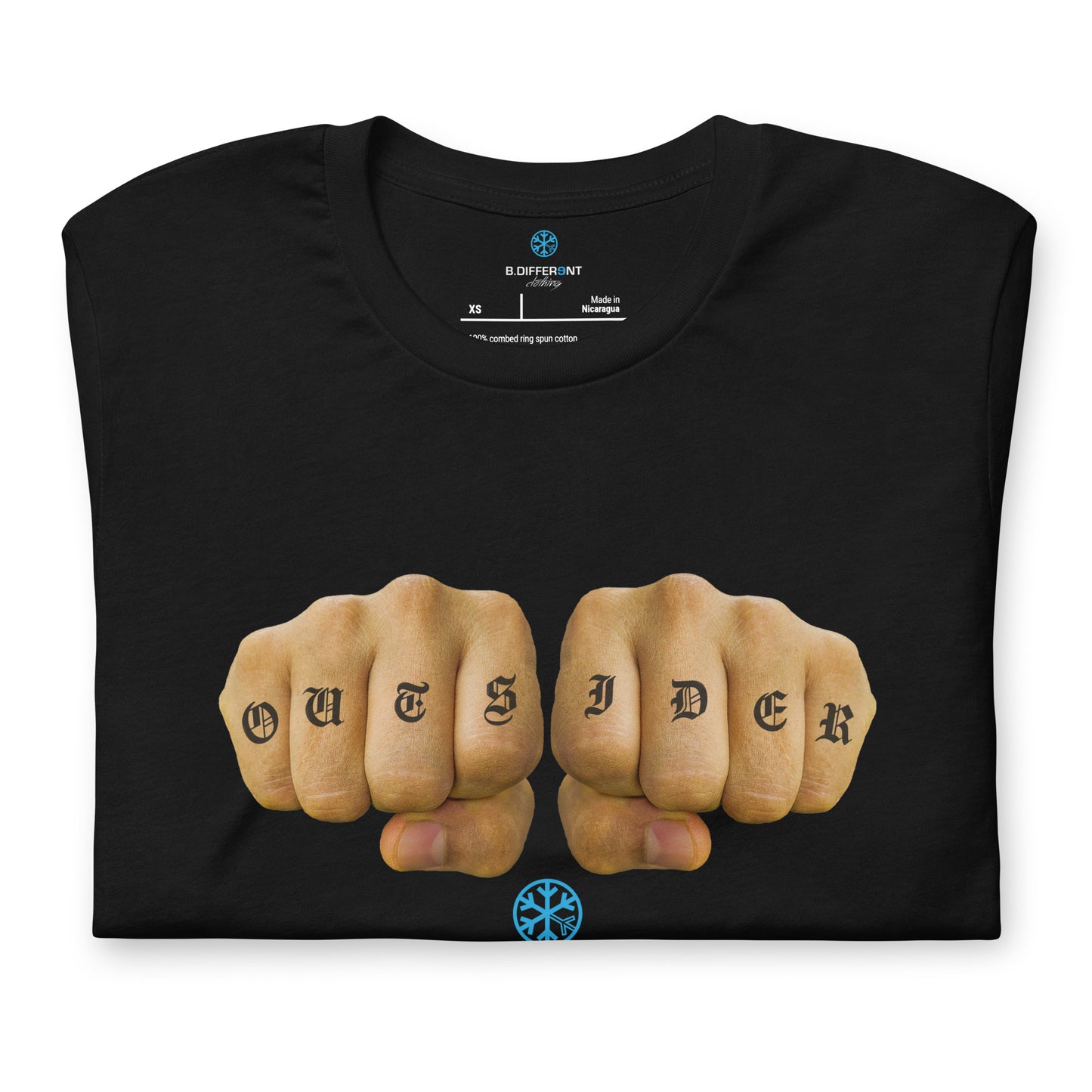 Black-Outsider Tattoo Tee from B.Different Clothing, folded, graffiti-inspired streetwear t-shirt