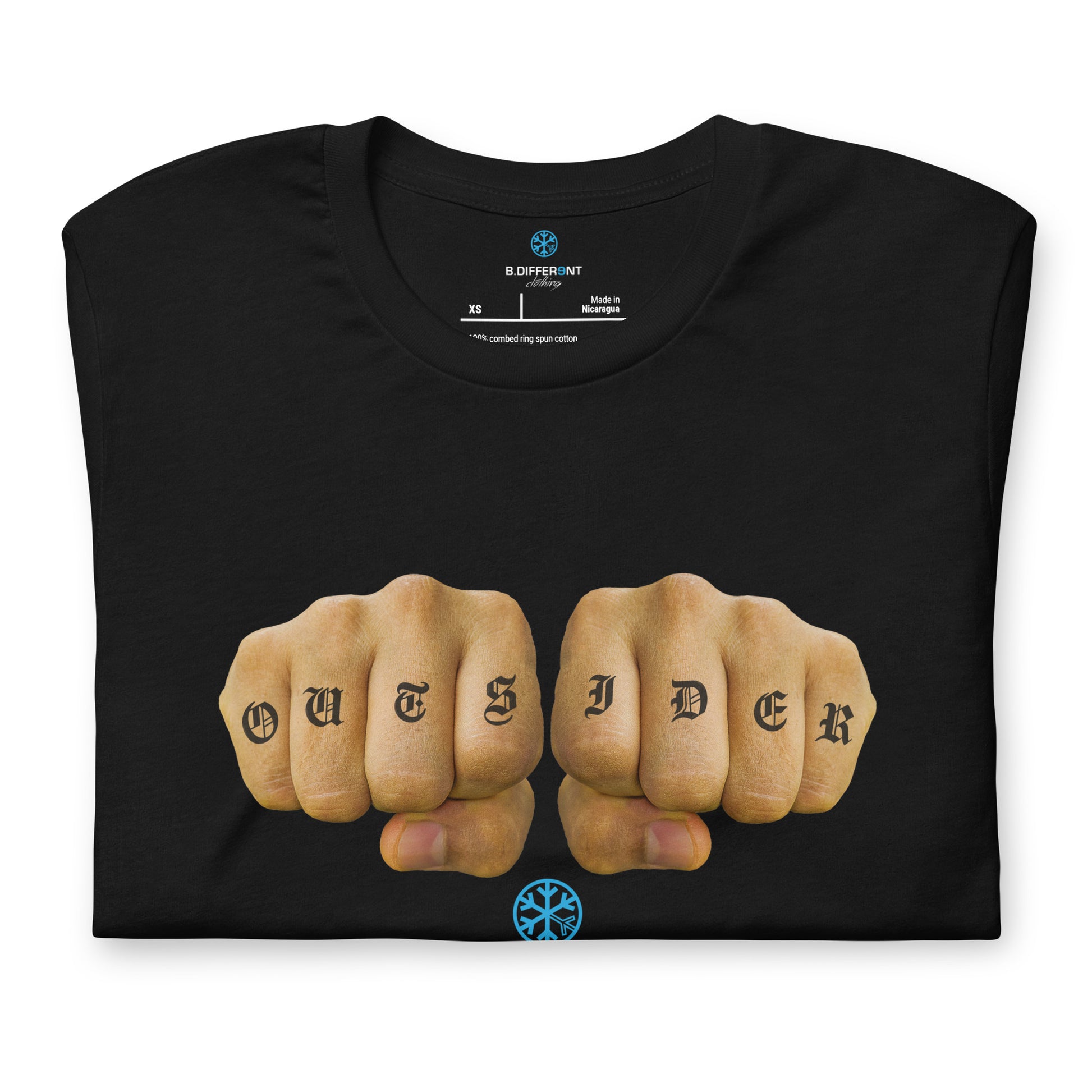 Black-Outsider Tattoo Tee from B.Different Clothing, folded, graffiti-inspired streetwear t-shirt