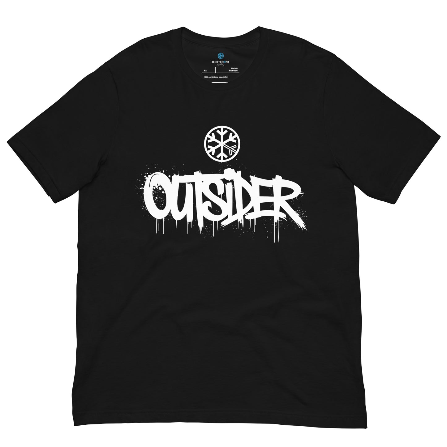 Black-Outsider Graffiti Tag Tee from B.Different Clothing, front view, graffiti-inspired streetwear t-shirt