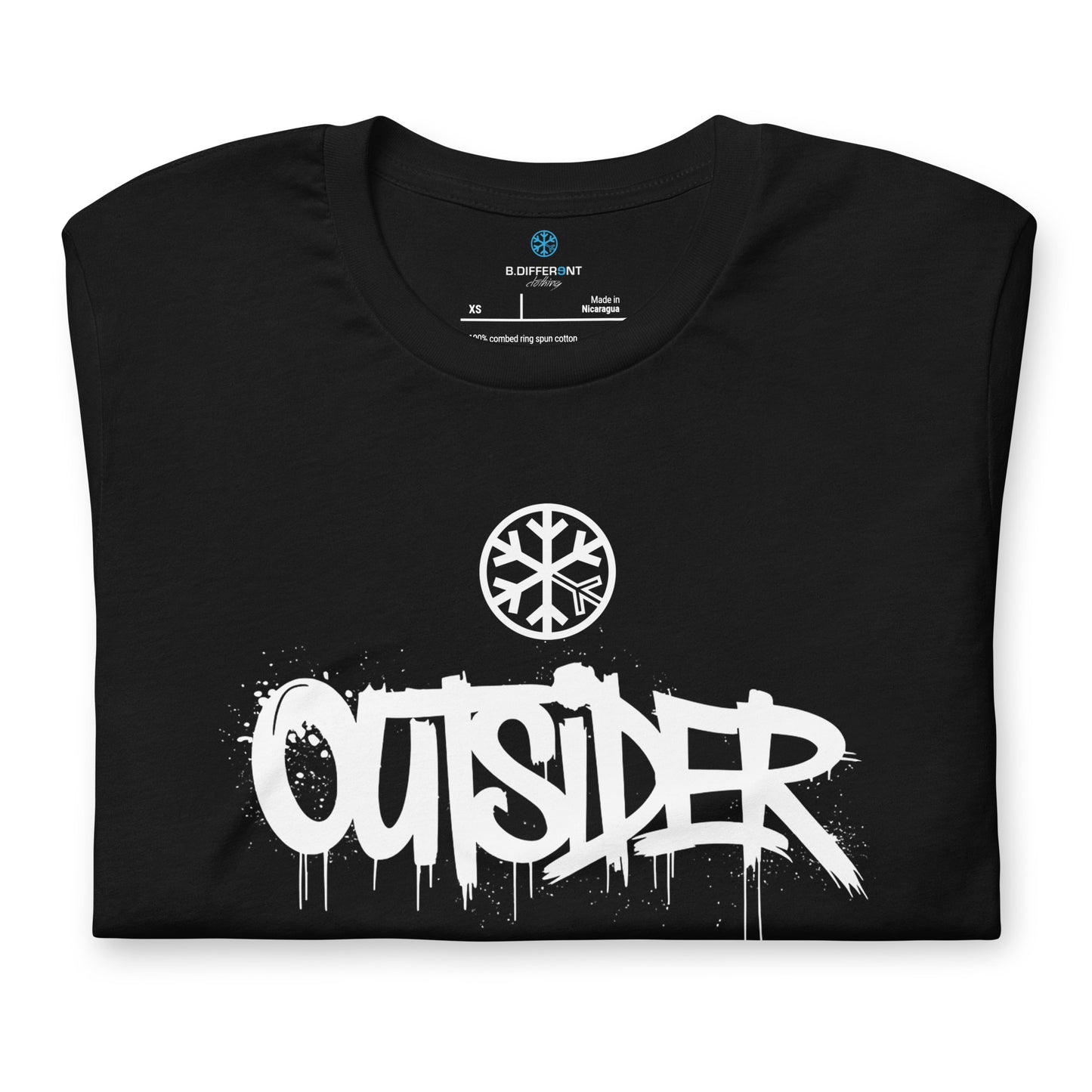 Black-Outsider Graffiti Tag Tee from B.Different Clothing, folded, graffiti-inspired streetwear t-shirt