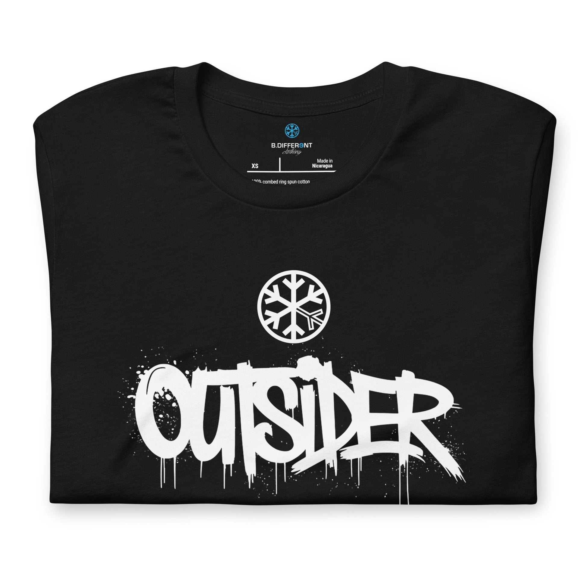 Black-Outsider Graffiti Tag Tee from B.Different Clothing, folded, graffiti-inspired streetwear t-shirt