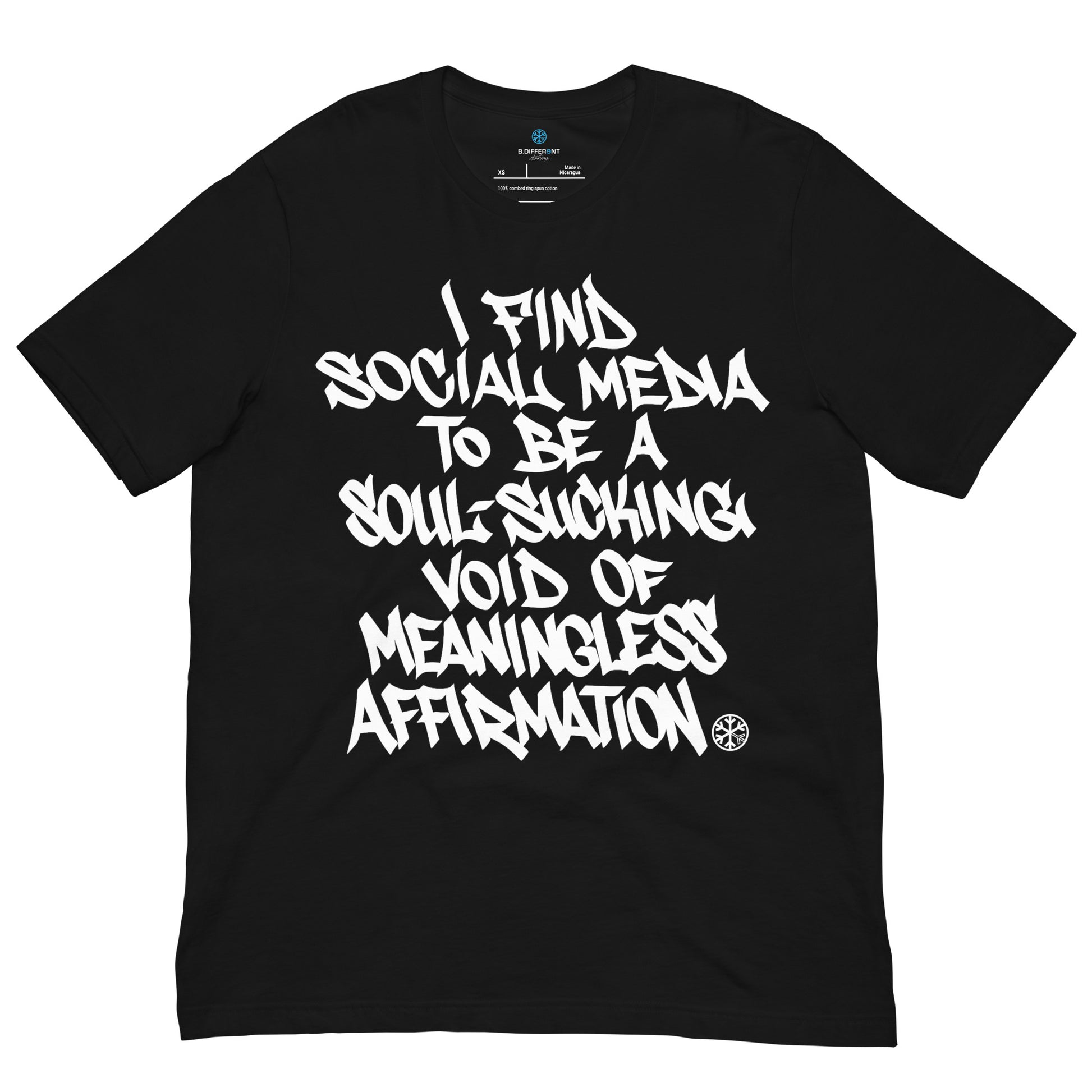 Black-Social Media Graffiti Tag Tee from B.Different Clothing, front view, graffiti-inspired streetwear t-shirt