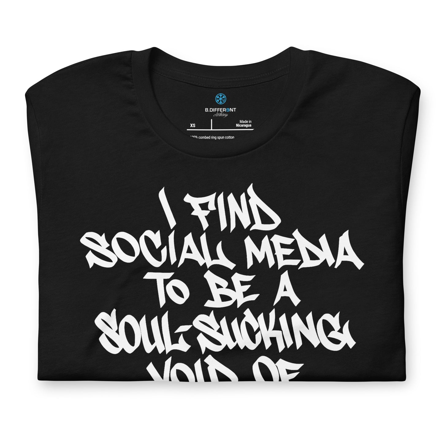 Black-Social Media Graffiti Tag Tee from B.Different Clothing, folded, graffiti-inspired streetwear t-shirt