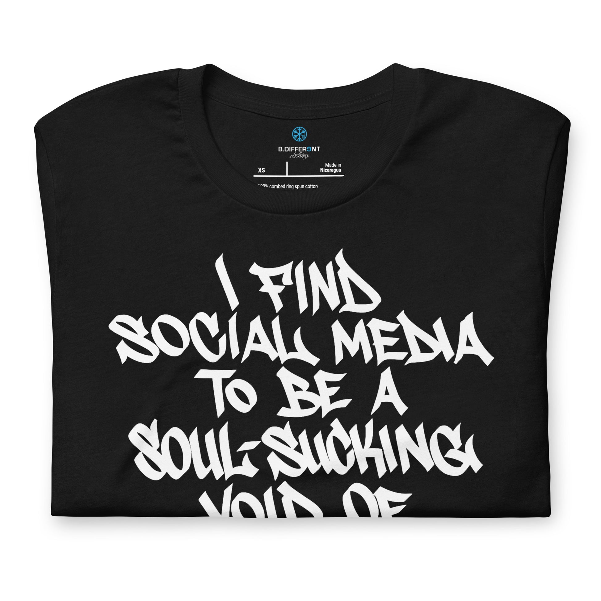 Black-Social Media Graffiti Tag Tee from B.Different Clothing, folded, graffiti-inspired streetwear t-shirt