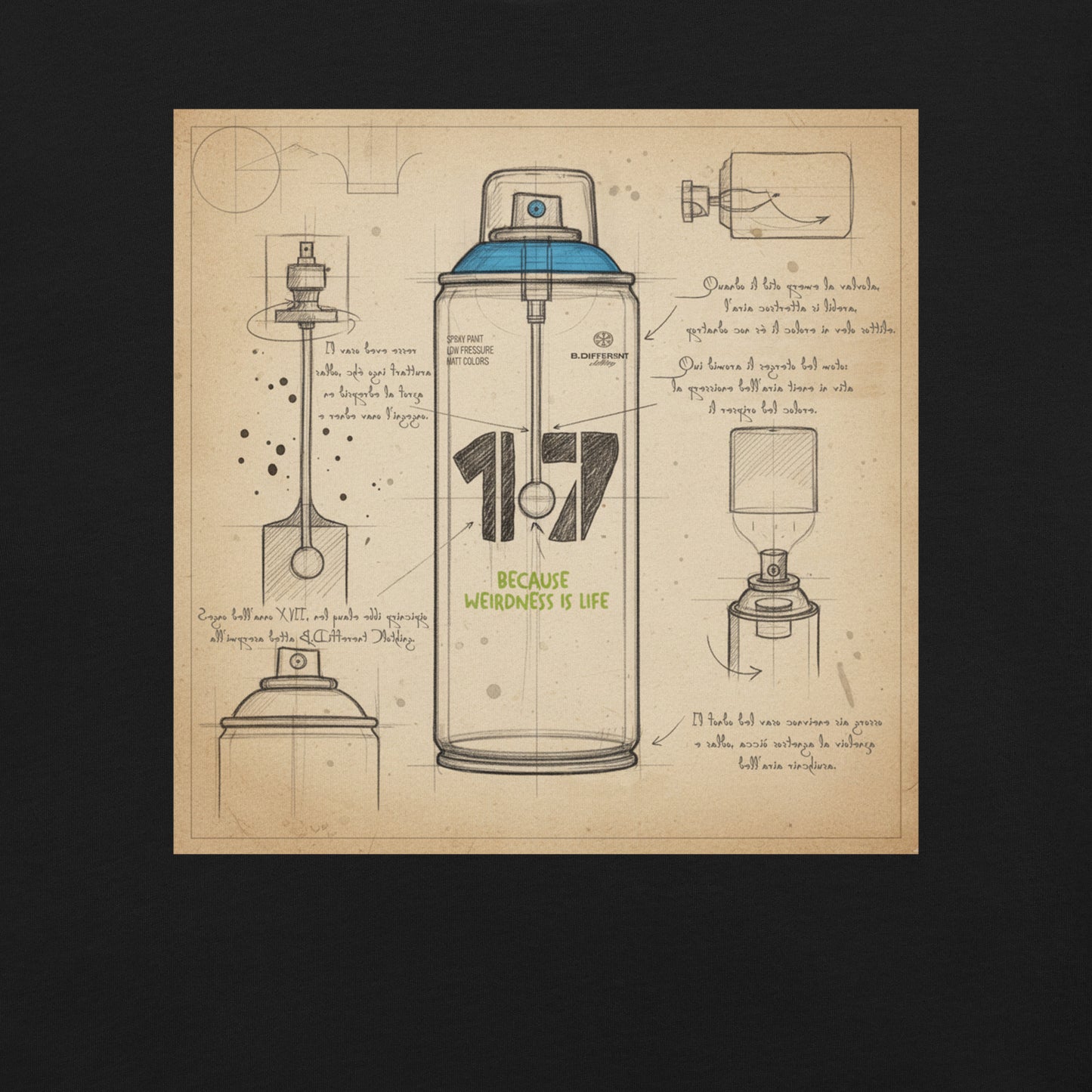 Black-Spray Can Sketch Graffiti Tee from B.Different Clothing, graphic, graffiti-inspired streetwear t-shirt