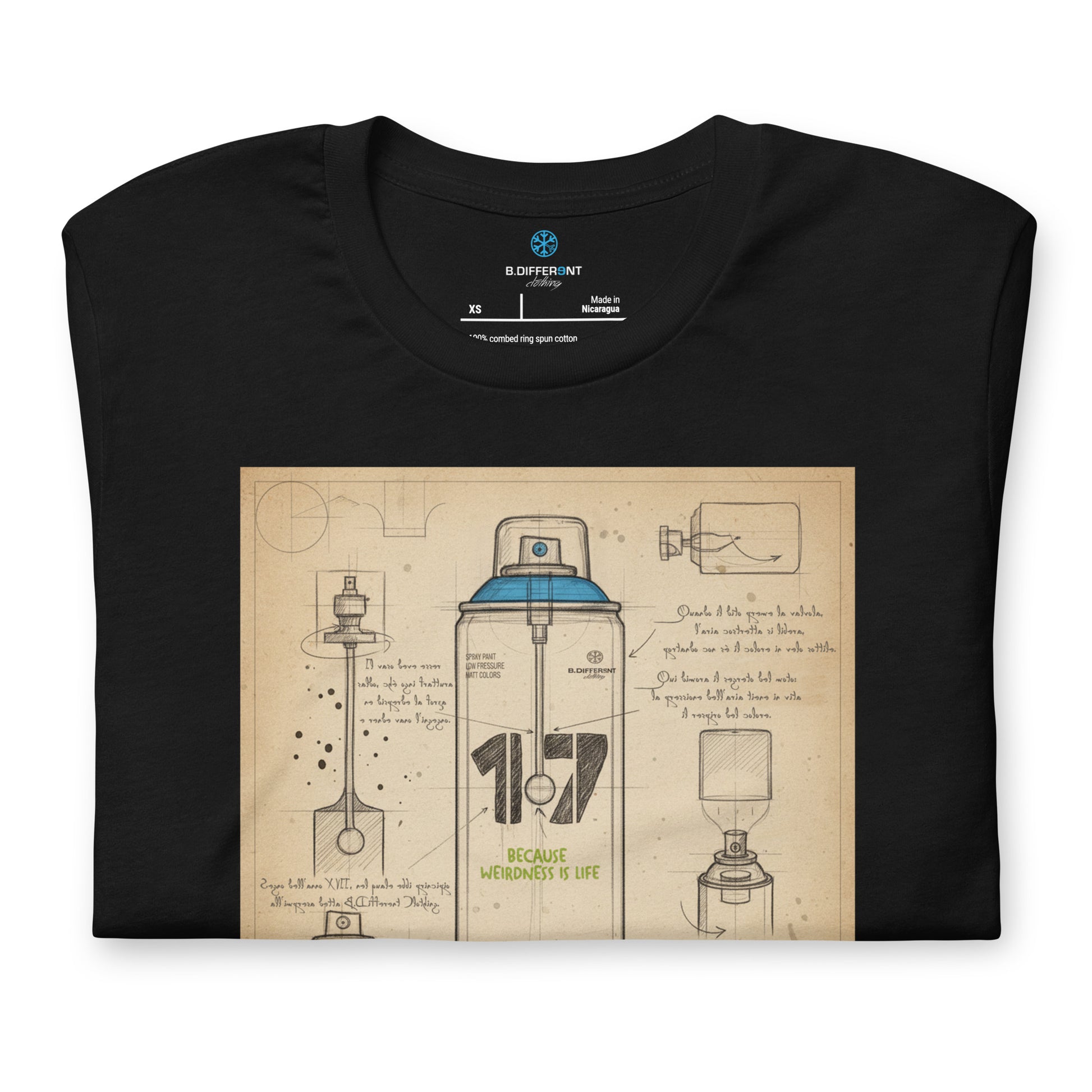 Black-Spray Can Sketch Graffiti Tee from B.Different Clothing, folded, graffiti-inspired streetwear t-shirt