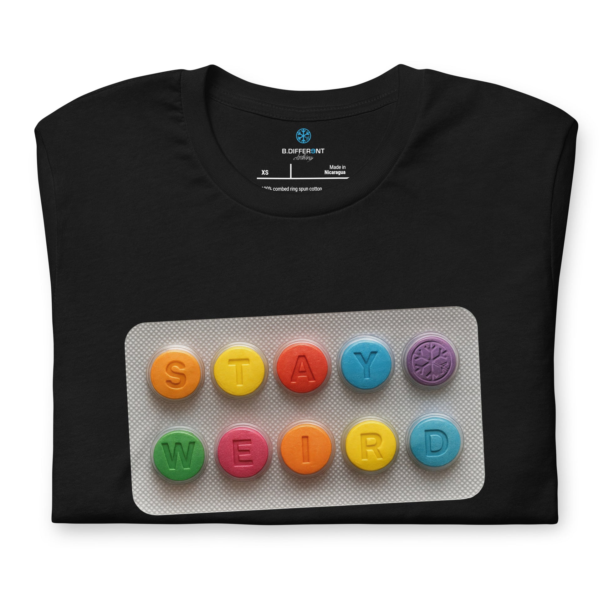 Black-Stay Weird Pills Tee from B.Different Clothing, folded, graffiti-inspired streetwear t-shirt