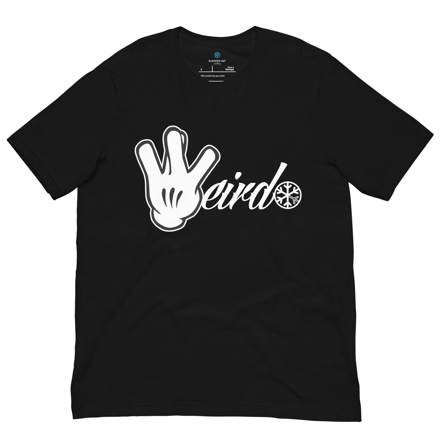 Black-Weirdo Hand Sign Tee from B.Different Clothing, front view, graffiti-inspired streetwear t-shirt