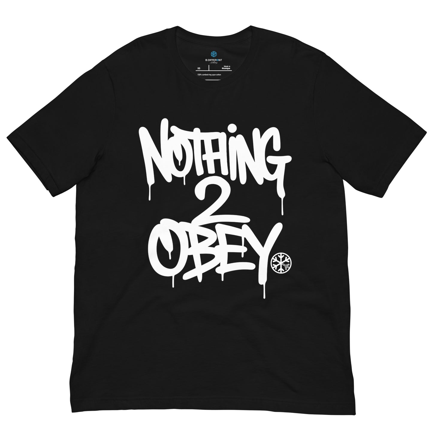 Black-Nothing 2 Obey Graffiti Tee from B.Different Clothing, front view, graffiti-inspired streetwear t-shirt