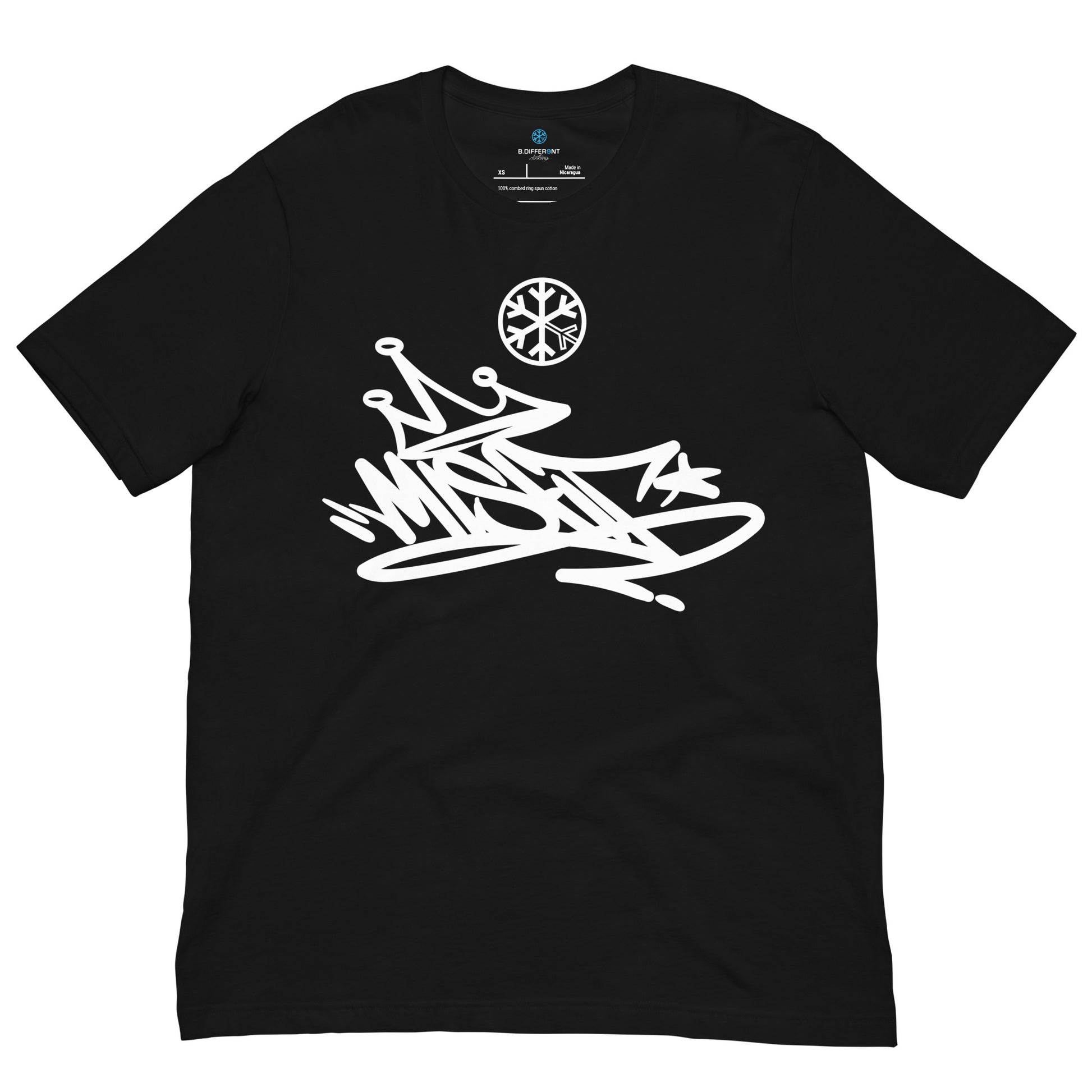 Black-Misfit Graffiti Tag Tee from B.Different Clothing, front view, graffiti-inspired streetwear t-shirt