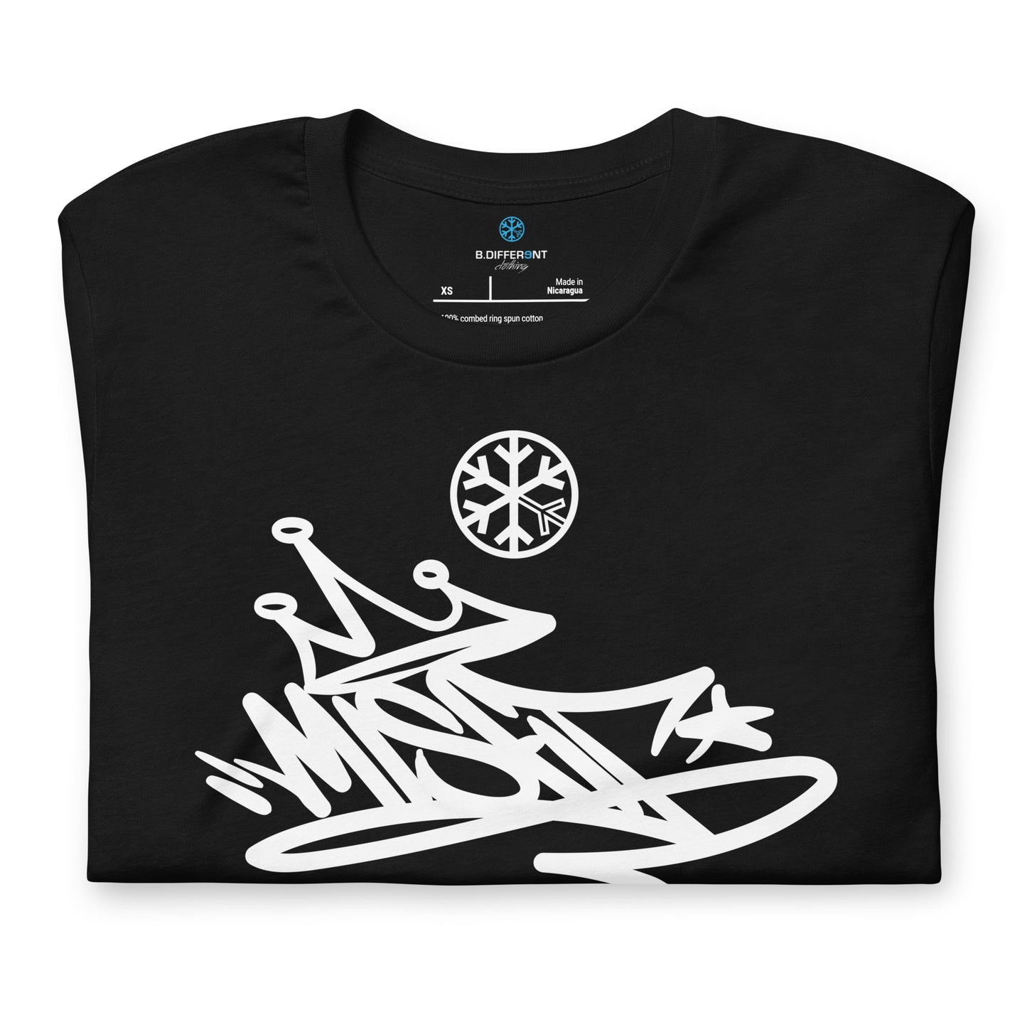 Black-Misfit Graffiti Tag Tee from B.Different Clothing, folded, graffiti-inspired streetwear t-shirt