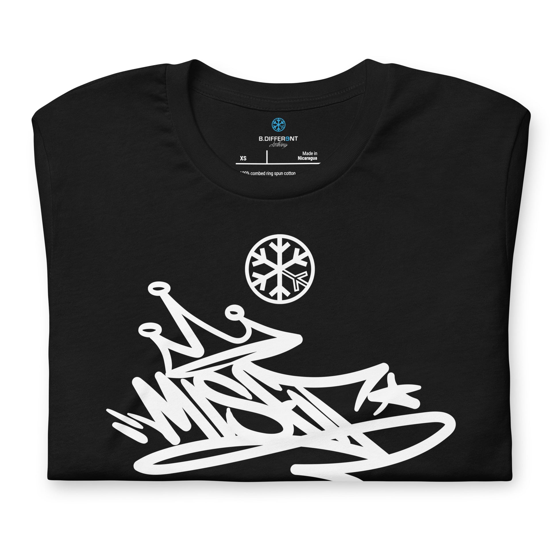 Black-Misfit Graffiti Tag Tee from B.Different Clothing, folded, graffiti-inspired streetwear t-shirt