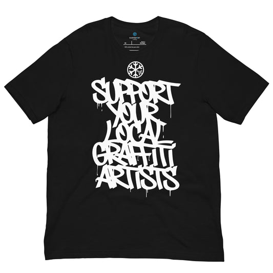 Black-Support Your Local Graffiti Artists Tee from B.Different Clothing, front view, graffiti-inspired streetwear t-shirt