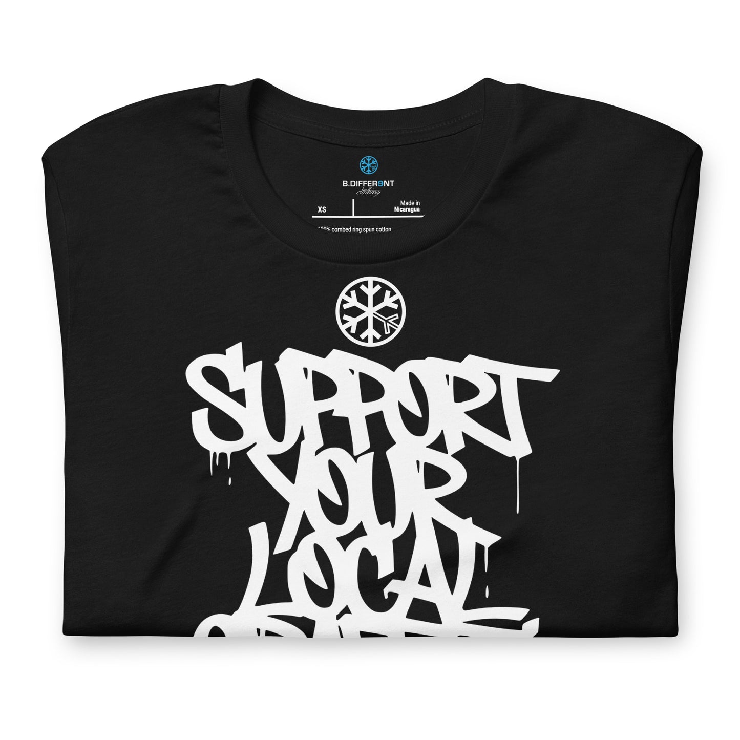 Black-Support Your Local Graffiti Artists Tee from B.Different Clothing, folded, graffiti-inspired streetwear t-shirt