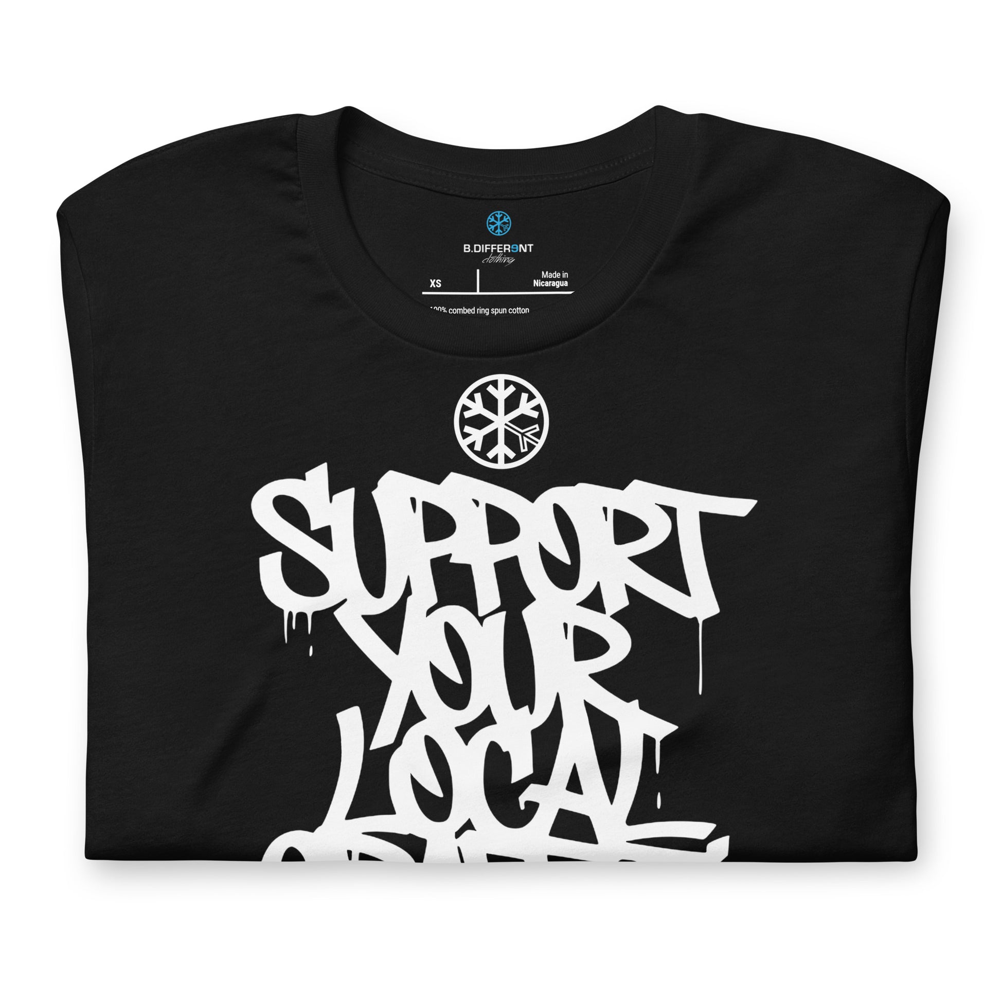 Black-Support Your Local Graffiti Artists Tee from B.Different Clothing, folded, graffiti-inspired streetwear t-shirt