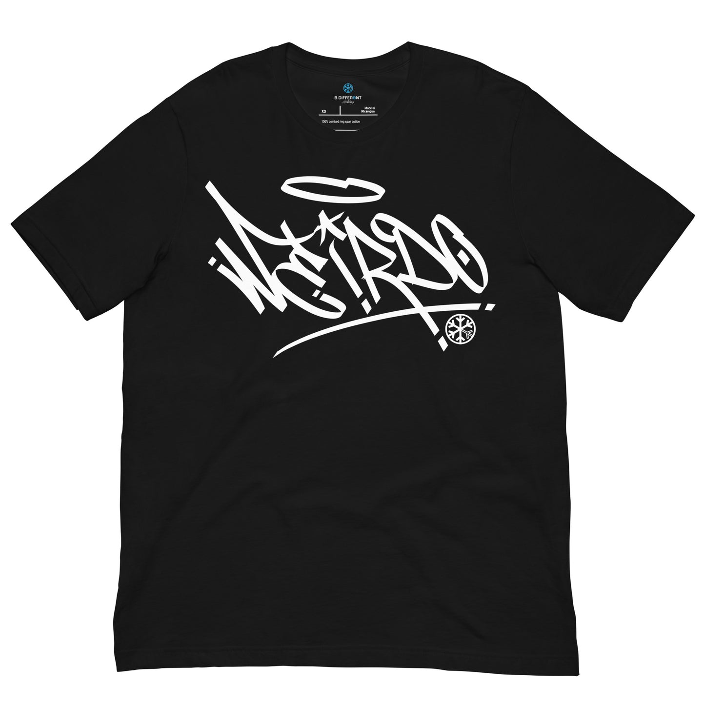 Black-Weirdo Tag Graffiti Tee from B.Different Clothing, front view, graffiti-inspired streetwear t-shirt