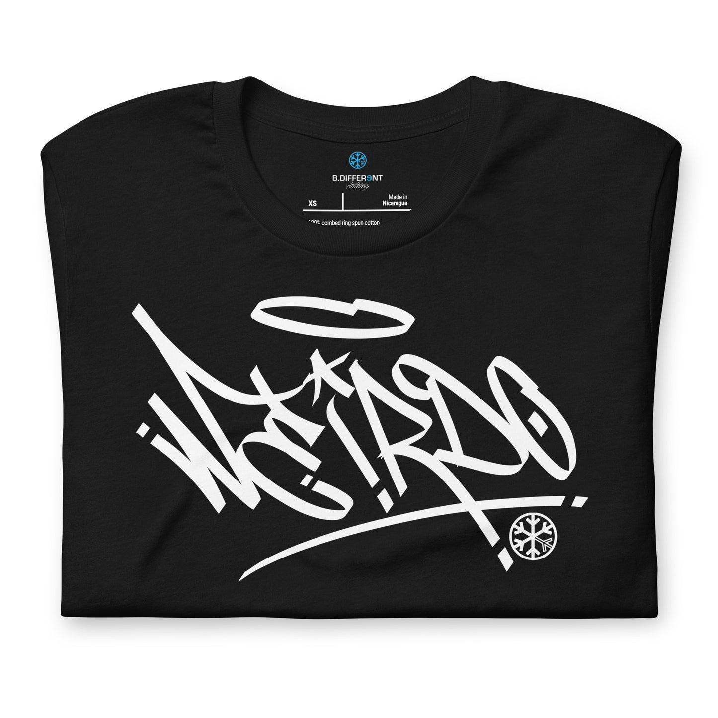 Black-Weirdo Tag Graffiti Tee from B.Different Clothing, folded, graffiti-inspired streetwear t-shirt