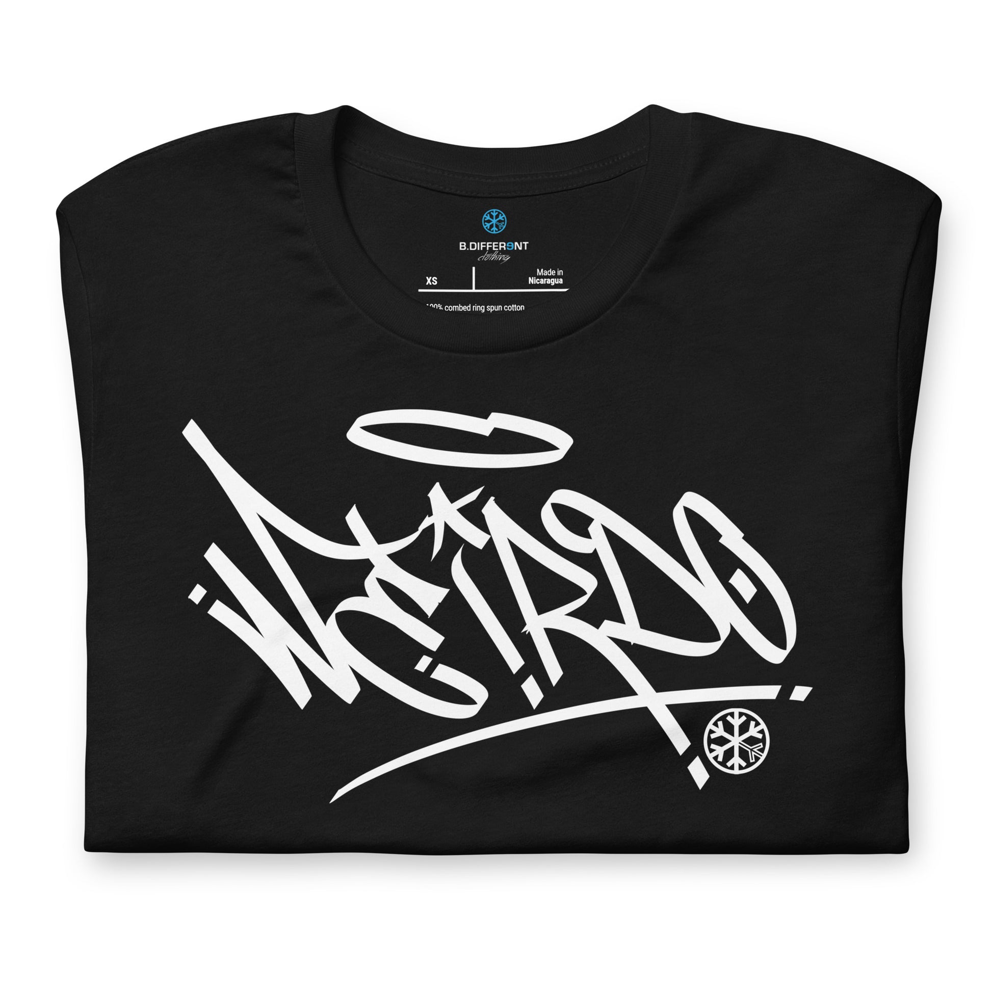 Black-Weirdo Tag Graffiti Tee from B.Different Clothing, folded, graffiti-inspired streetwear t-shirt