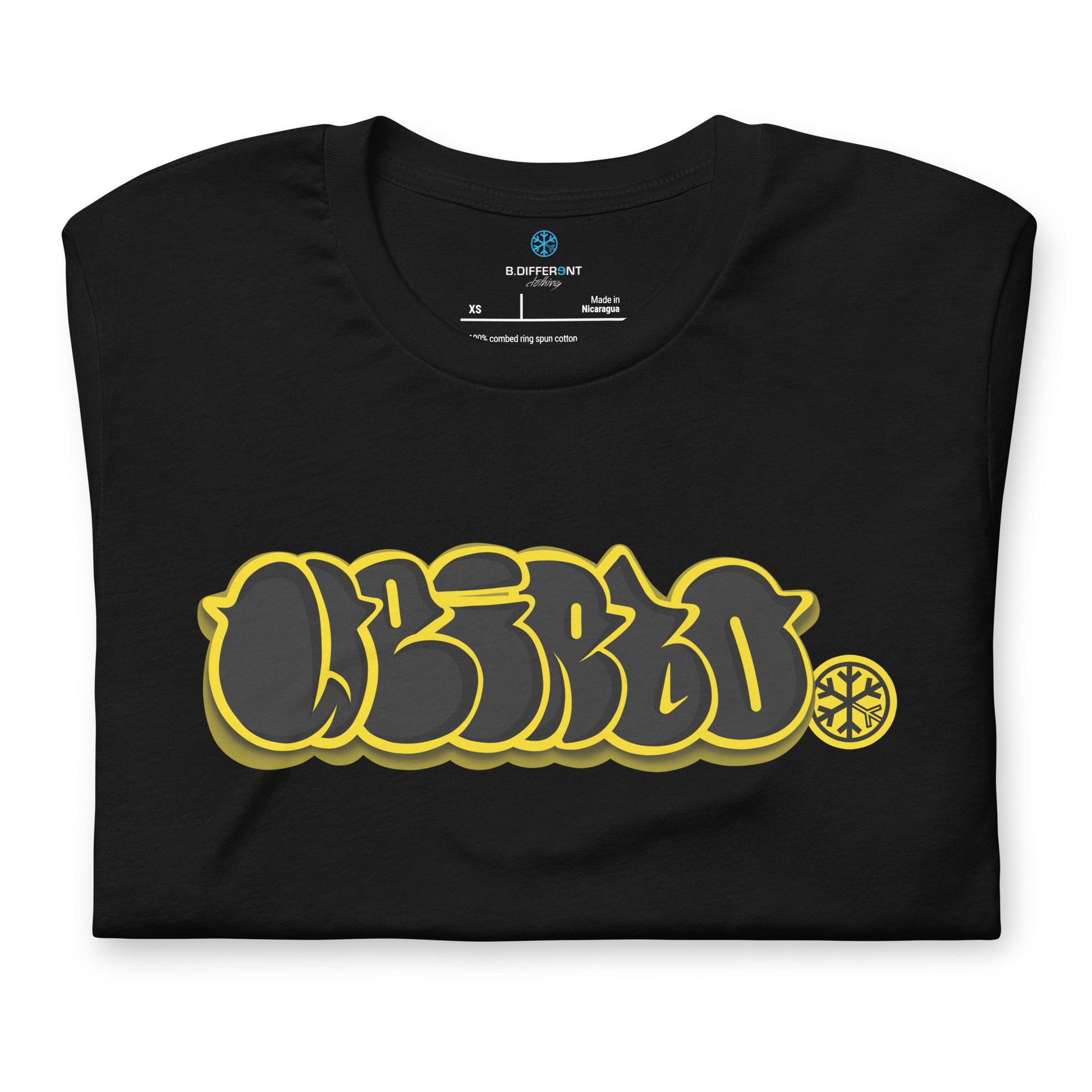 Black-Weirdo Graffiti Throwie Tee from B.Different Clothing, folded, graffiti-inspired streetwear t-shirt