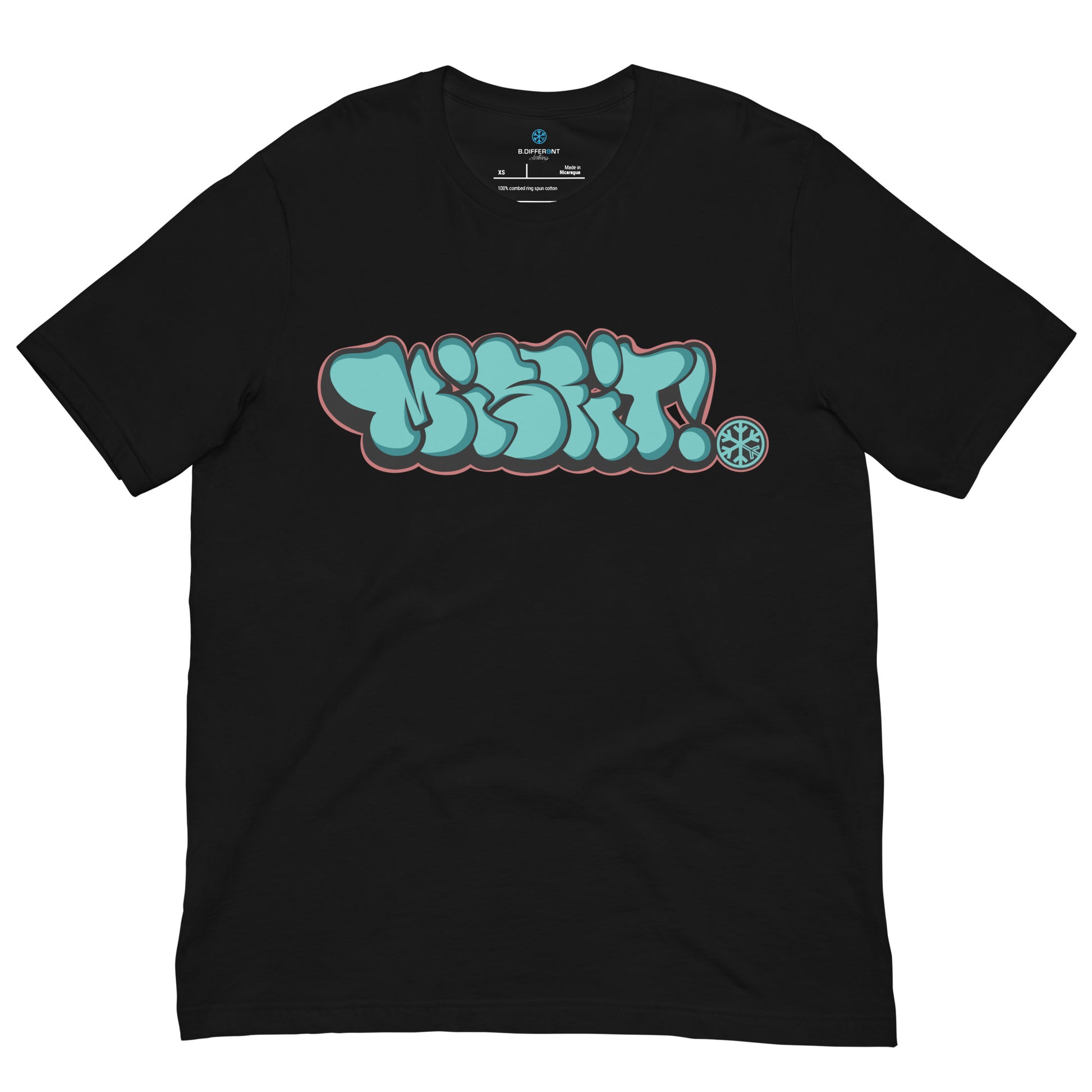 Black-Misfit Graffiti Throwie Tee from B.Different Clothing, front view, graffiti-inspired streetwear t-shirt