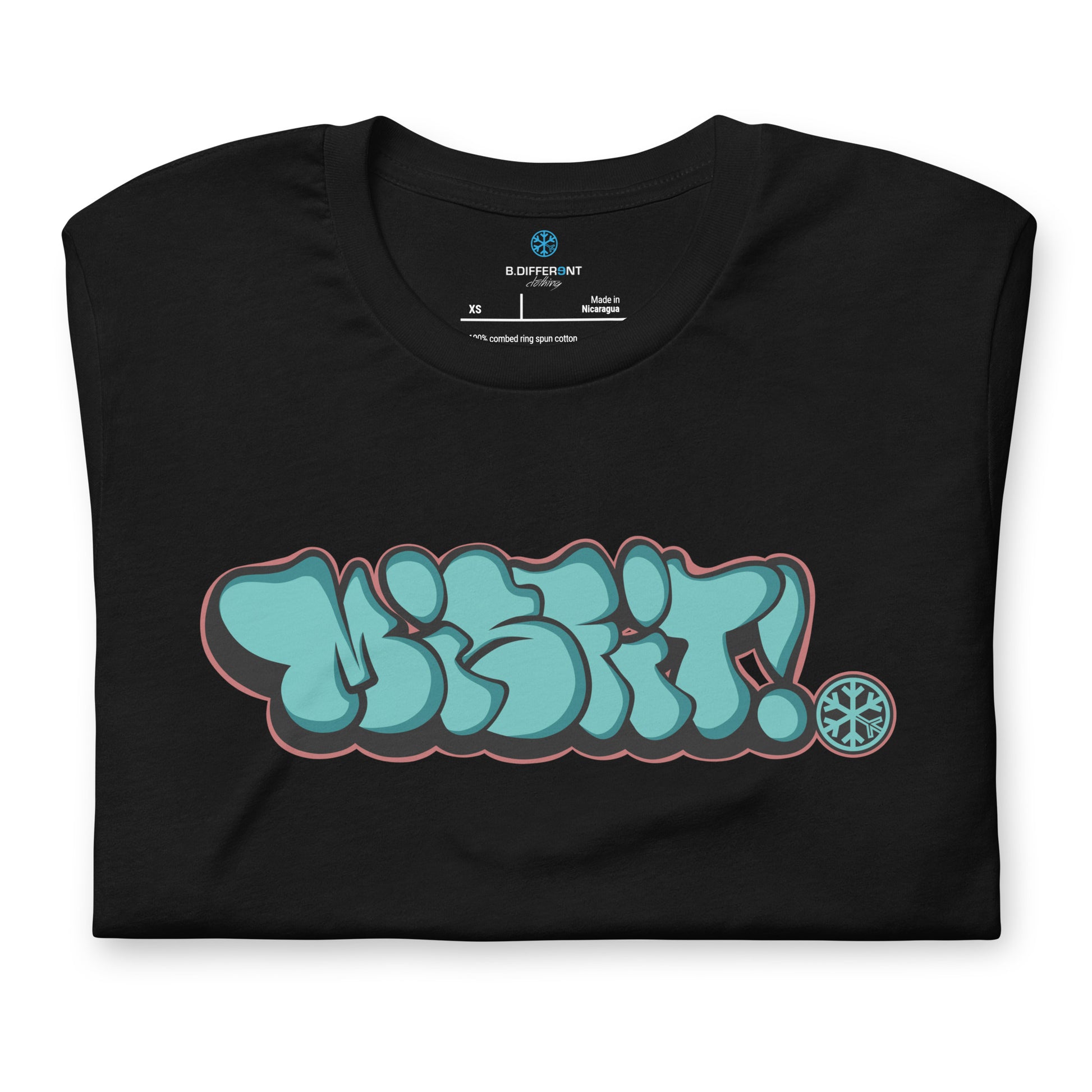 Black-Misfit Graffiti Throwie Tee from B.Different Clothing, folded, graffiti-inspired streetwear t-shirt