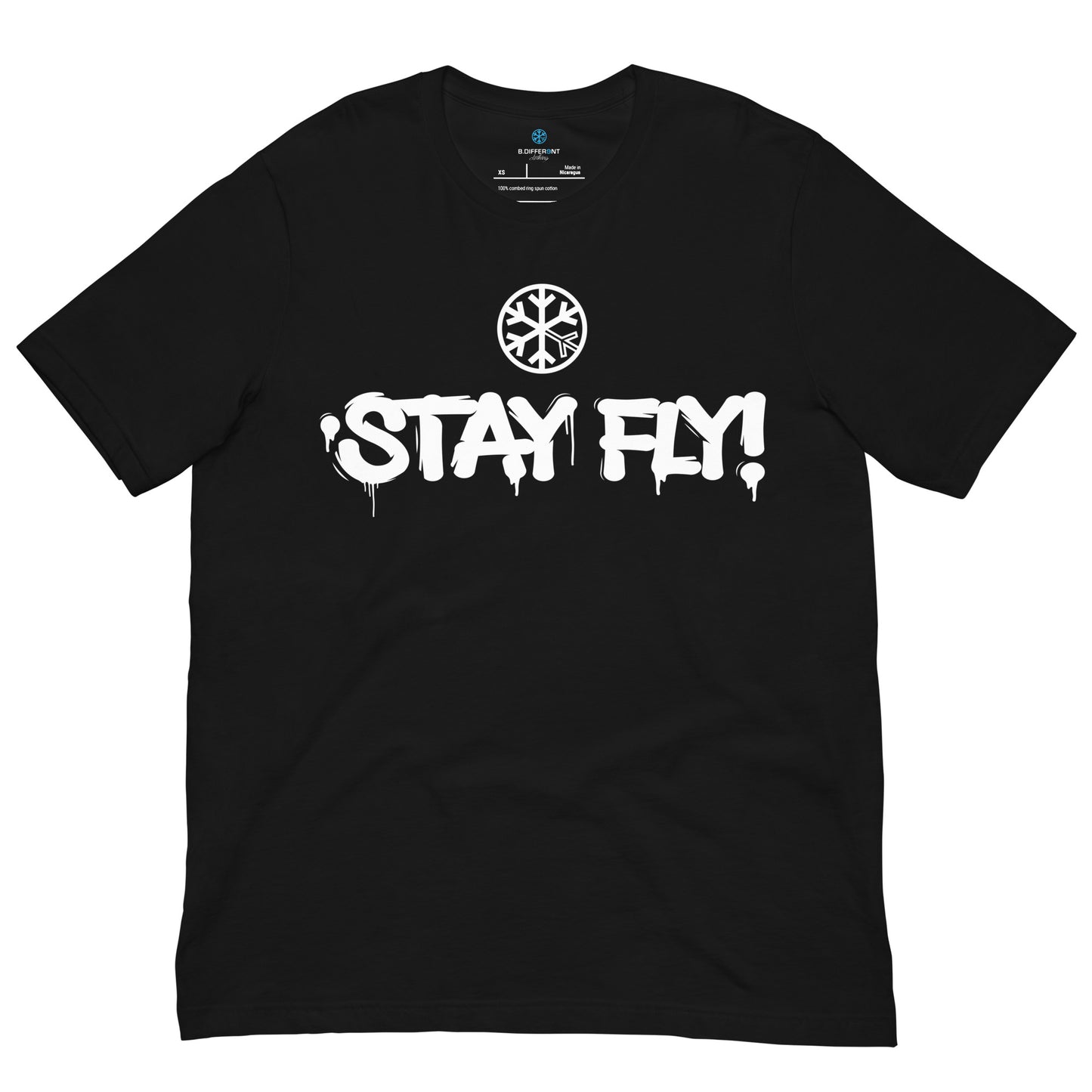 Black-Stay Fly Graffiti Tag Tee from B.Different Clothing, front view, graffiti-inspired streetwear t-shirt