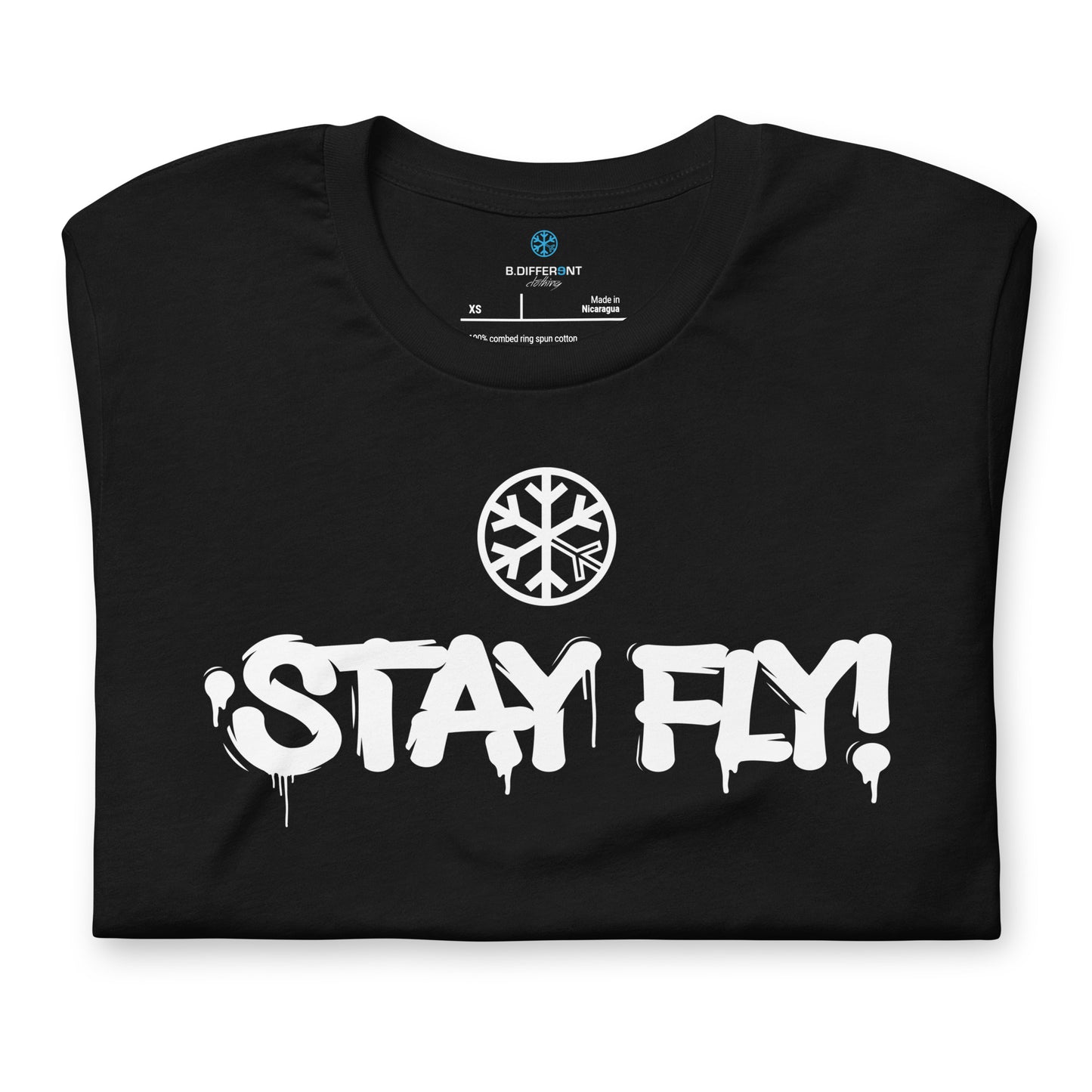 Black-Stay Fly Graffiti Tag Tee from B.Different Clothing, folded, graffiti-inspired streetwear t-shirt
