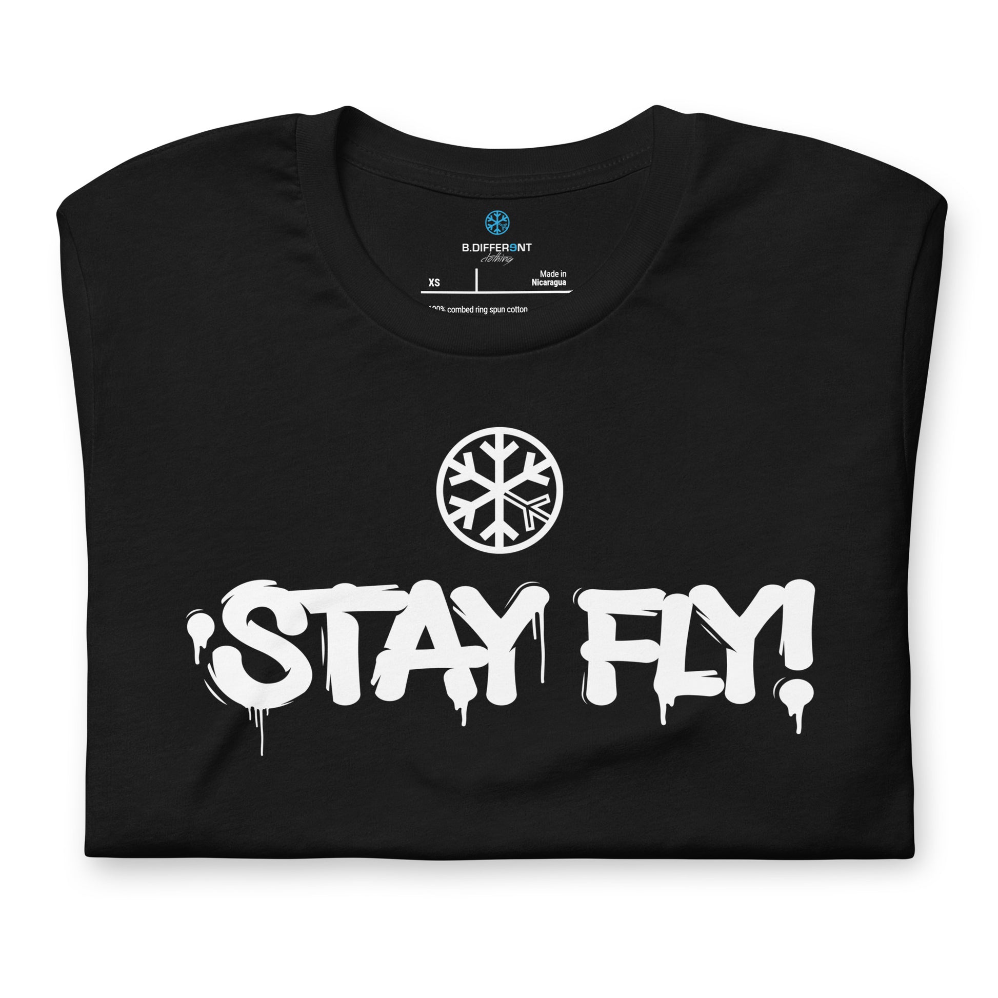 Black-Stay Fly Graffiti Tag Tee from B.Different Clothing, folded, graffiti-inspired streetwear t-shirt