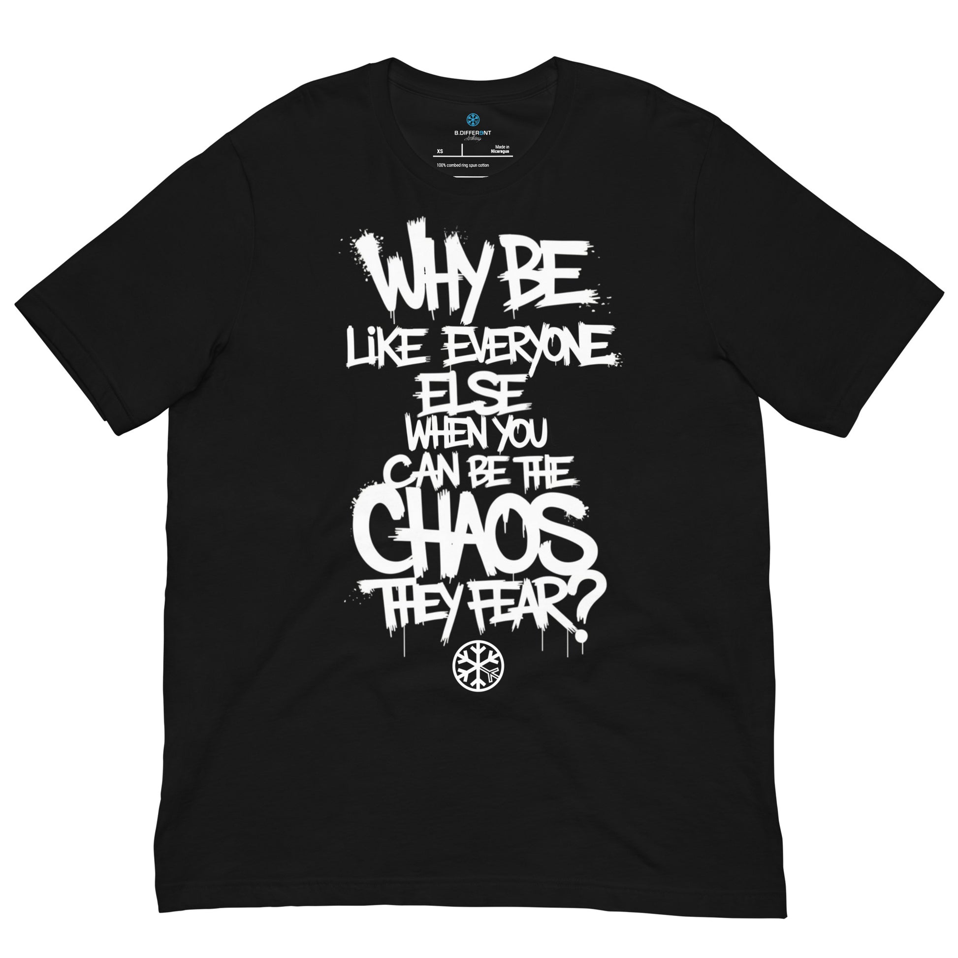 Black-Chaos They Fear Graffiti Tag Tee from B.Different Clothing, front view, graffiti-inspired streetwear t-shirt