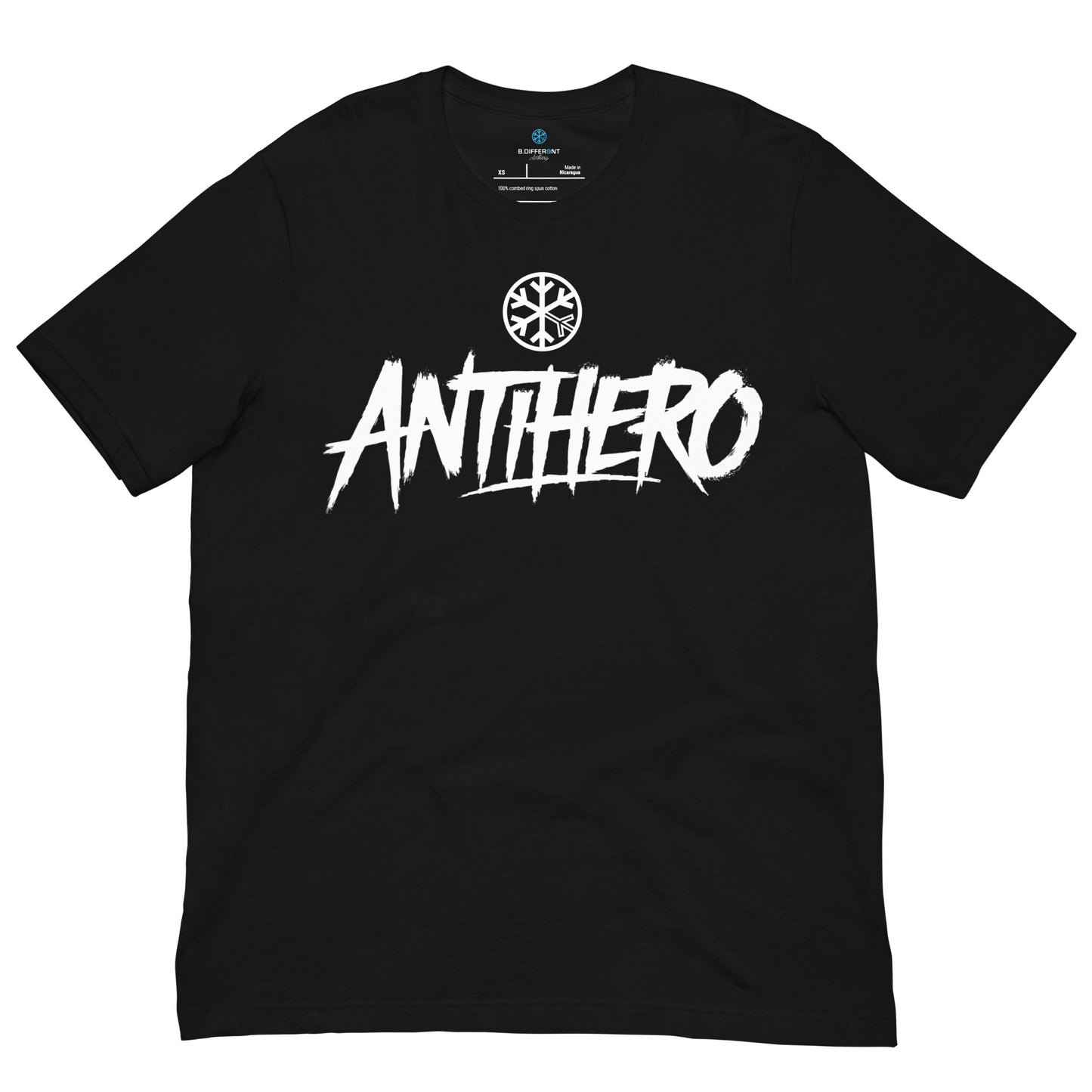 Black-Antihero Graffiti Tag Tee from B.Different Clothing, front view, graffiti-inspired streetwear t-shirt