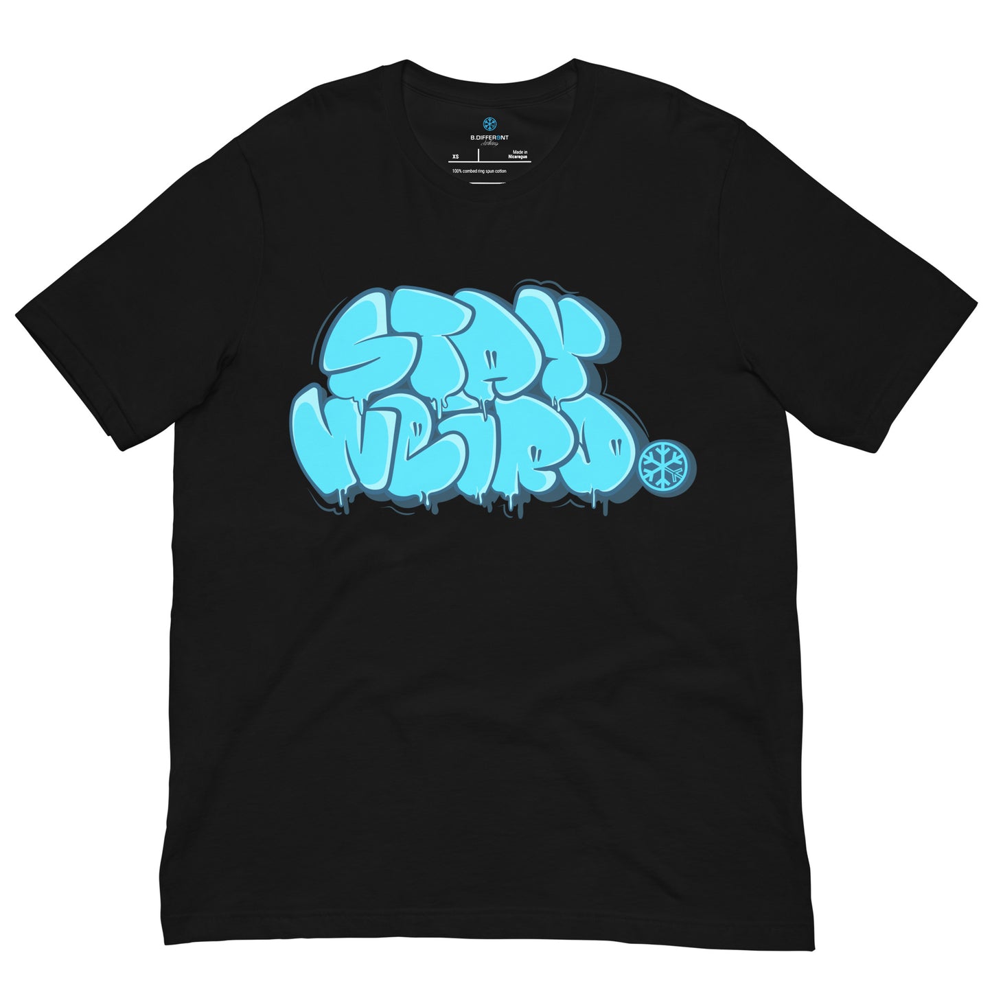 Black-Stay Weird Graffiti Throw-up Tee from B.Different Clothing, front view, graffiti-inspired streetwear t-shirt