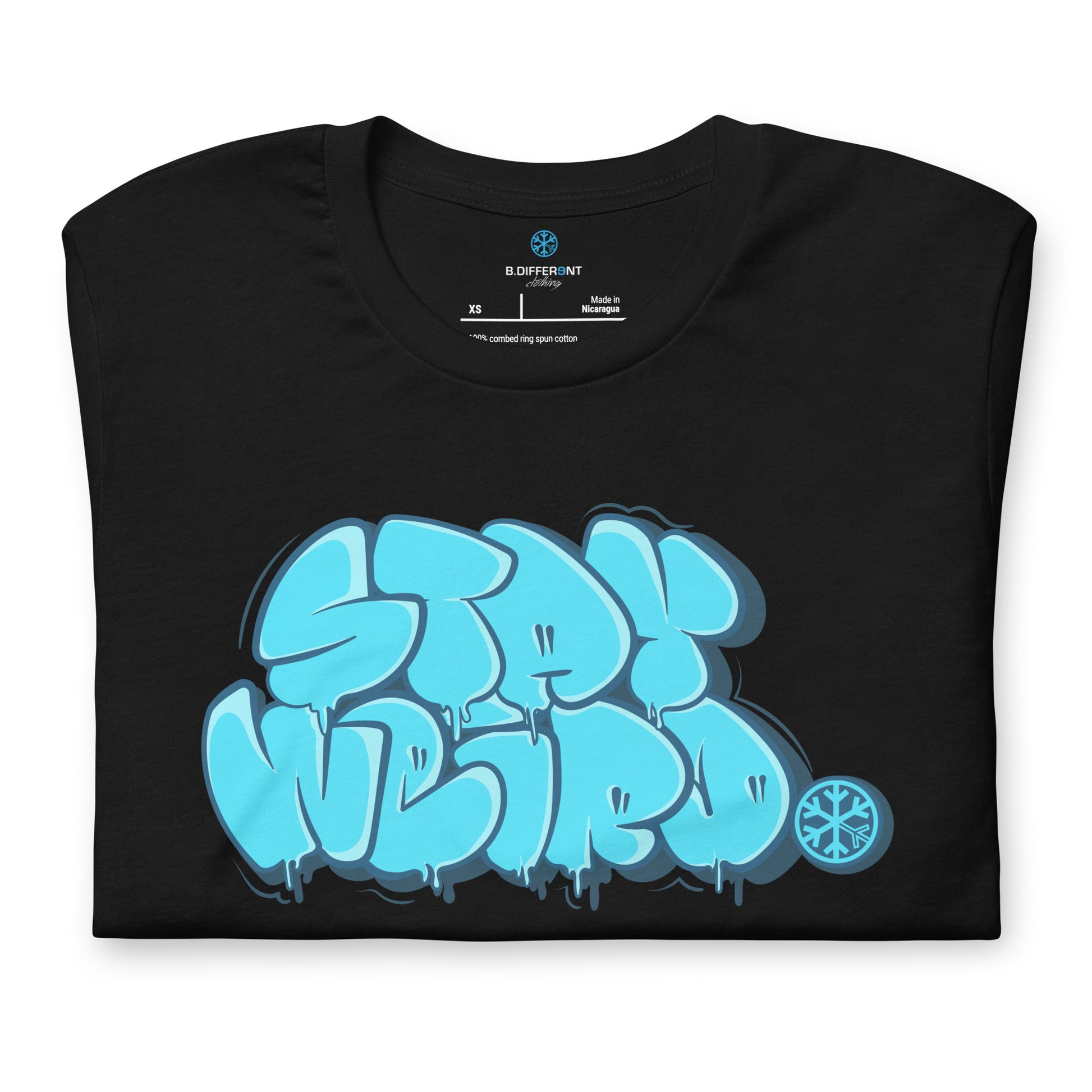 Black-Stay Weird Graffiti Throw-up Tee from B.Different Clothing, folded, graffiti-inspired streetwear t-shirt