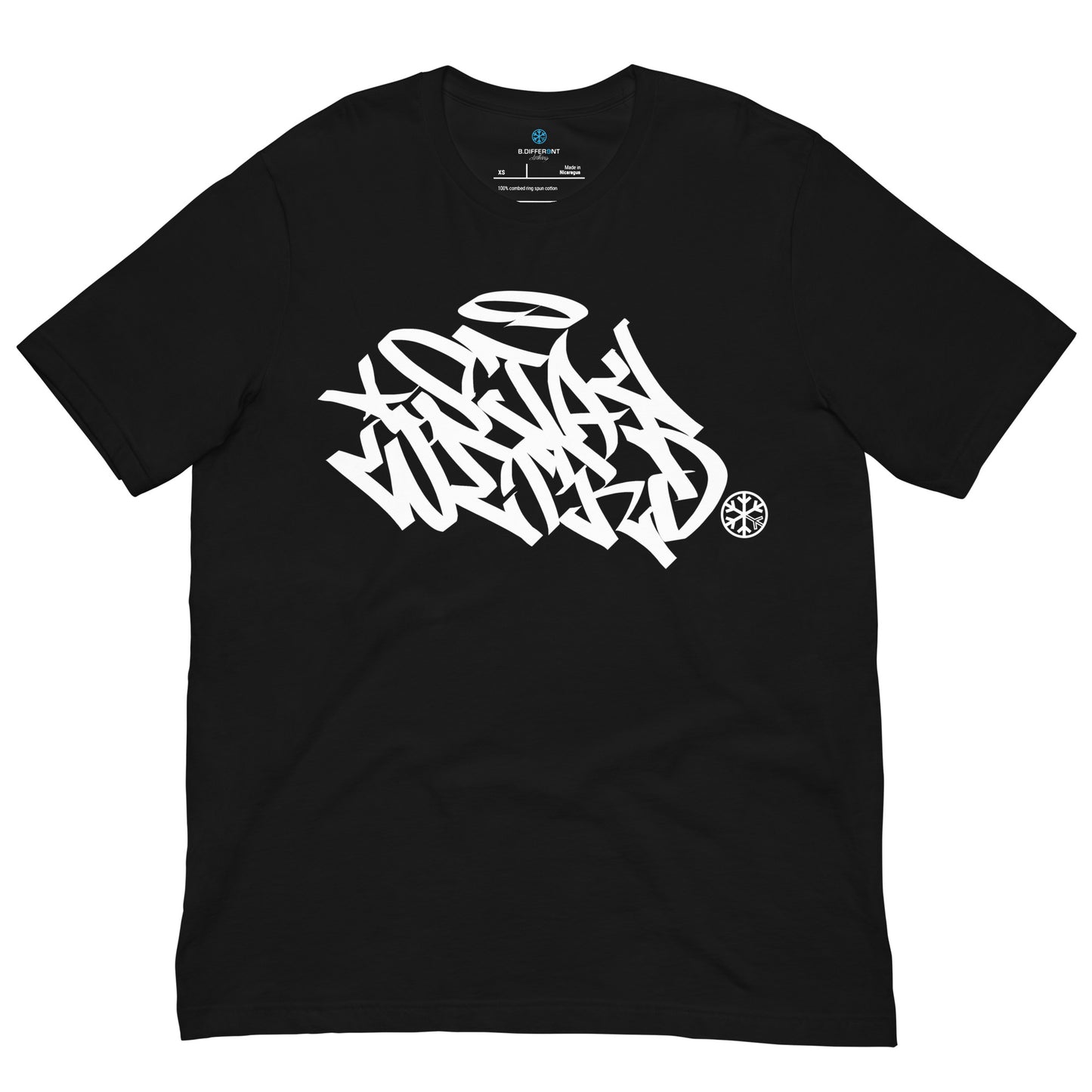Black-Stay Weird Graffiti Tag Tee from B.Different Clothing, front view, graffiti-inspired streetwear t-shirt