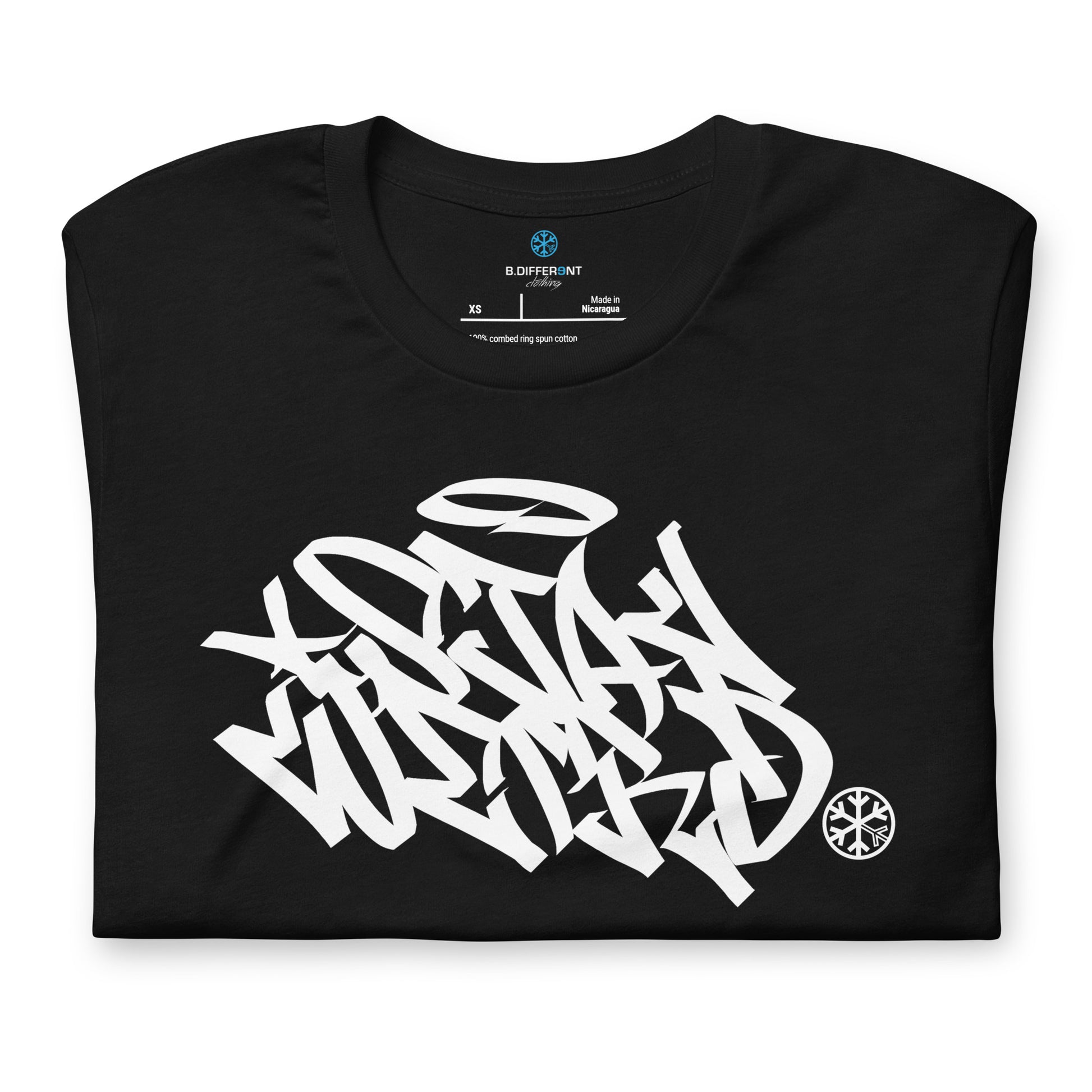 Black-Stay Weird Graffiti Tag Tee from B.Different Clothing, folded, graffiti-inspired streetwear t-shirt