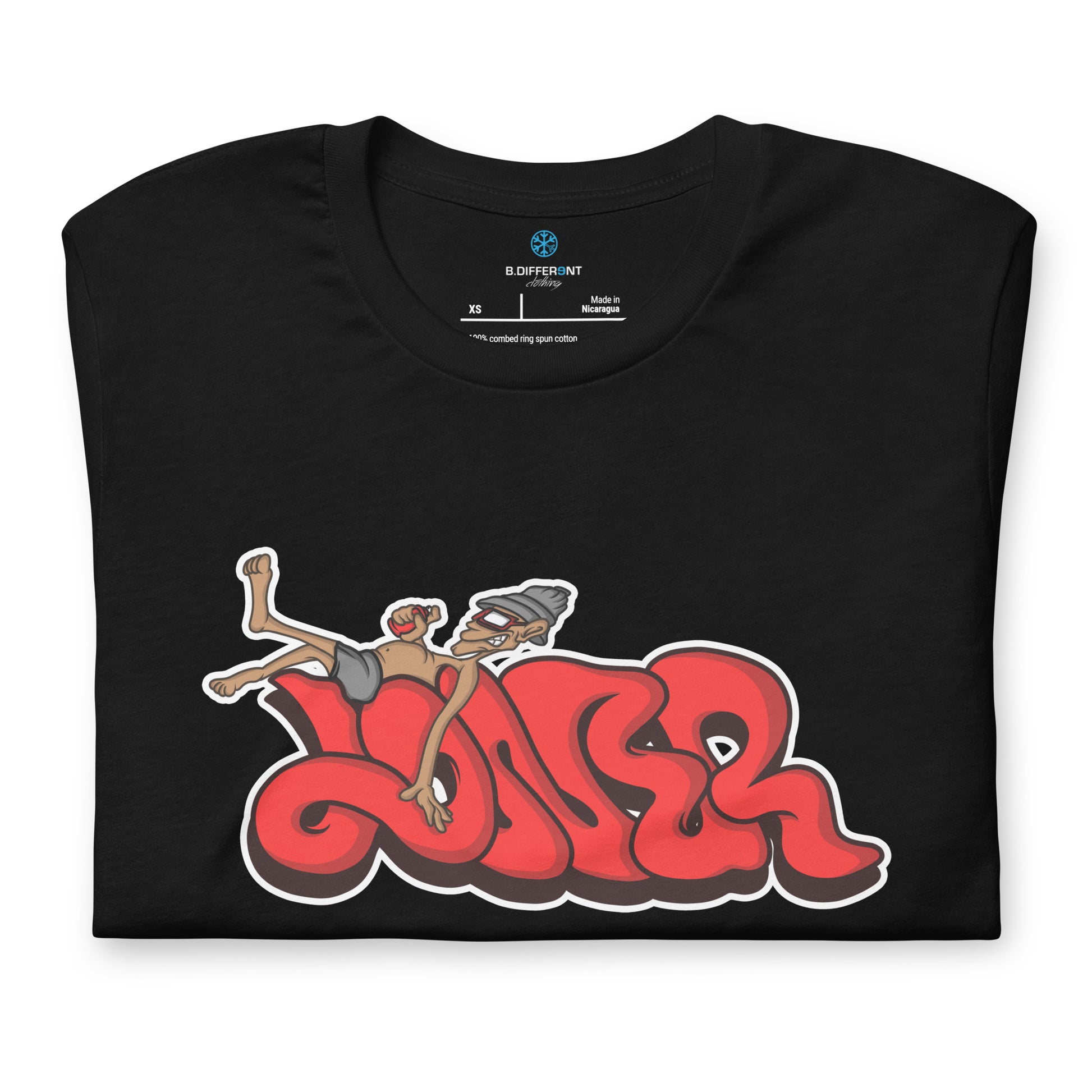 Black-Loner Graffiti Piece Tee from B.Different Clothing, folded, graffiti-inspired streetwear t-shirt