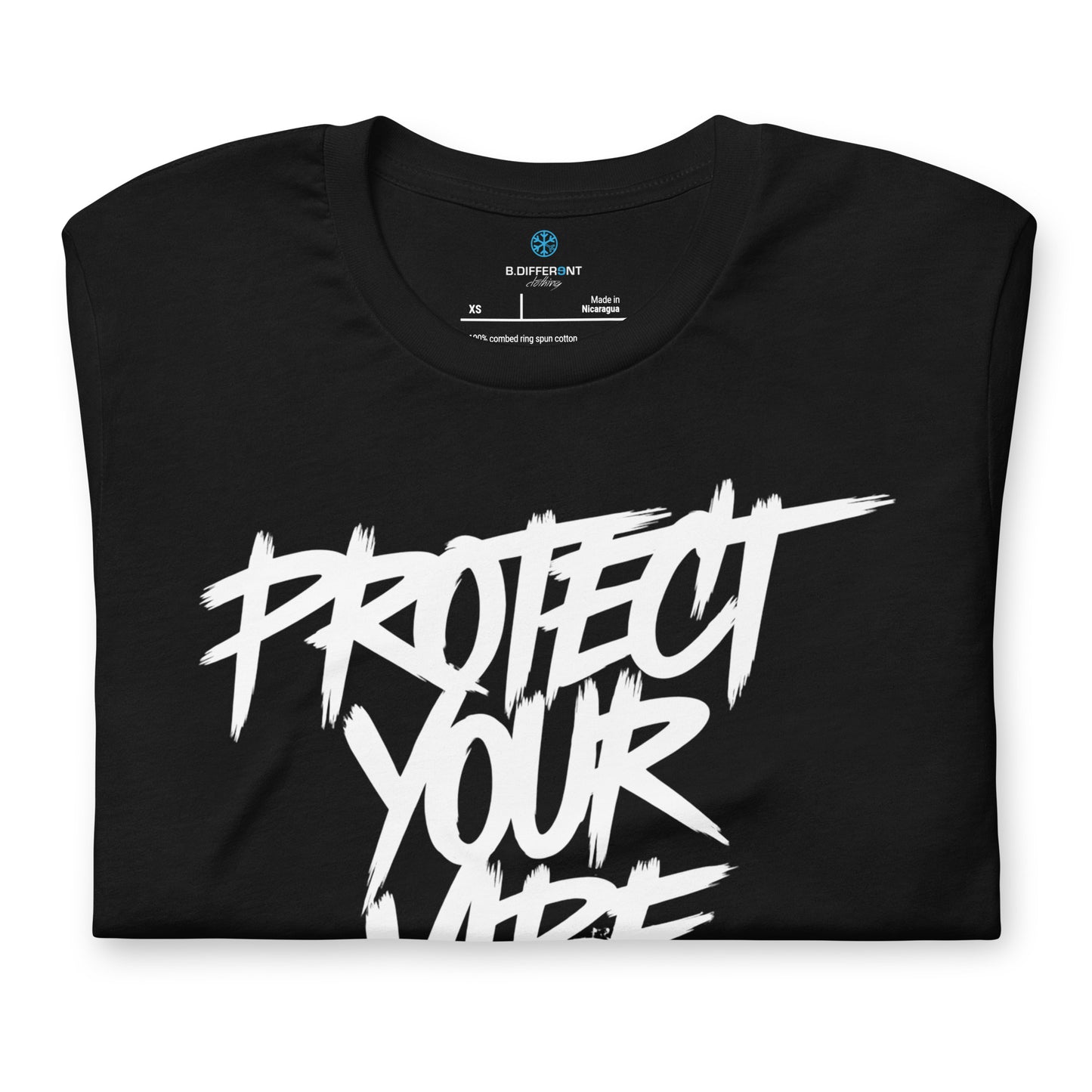Black-Protect Your Vibe Graffiti Tag Tee from B.Different Clothing, folded, graffiti-inspired streetwear t-shirt