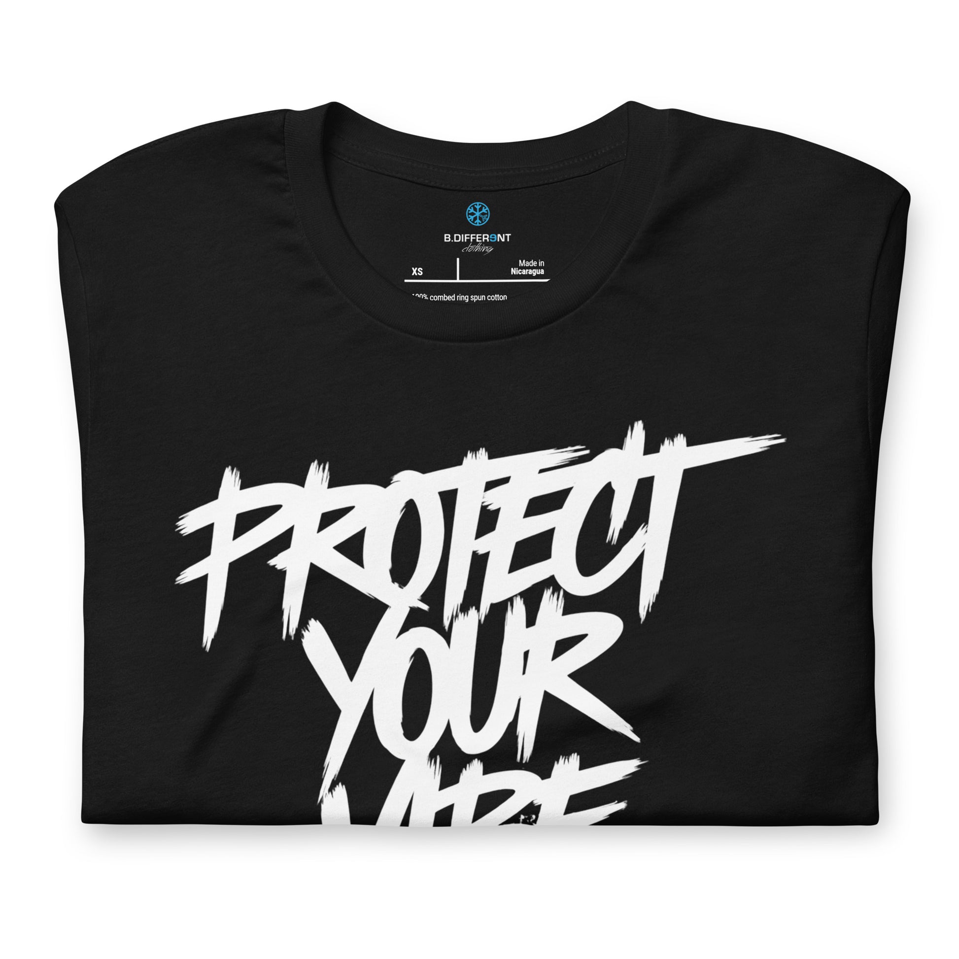 Black-Protect Your Vibe Graffiti Tag Tee from B.Different Clothing, folded, graffiti-inspired streetwear t-shirt