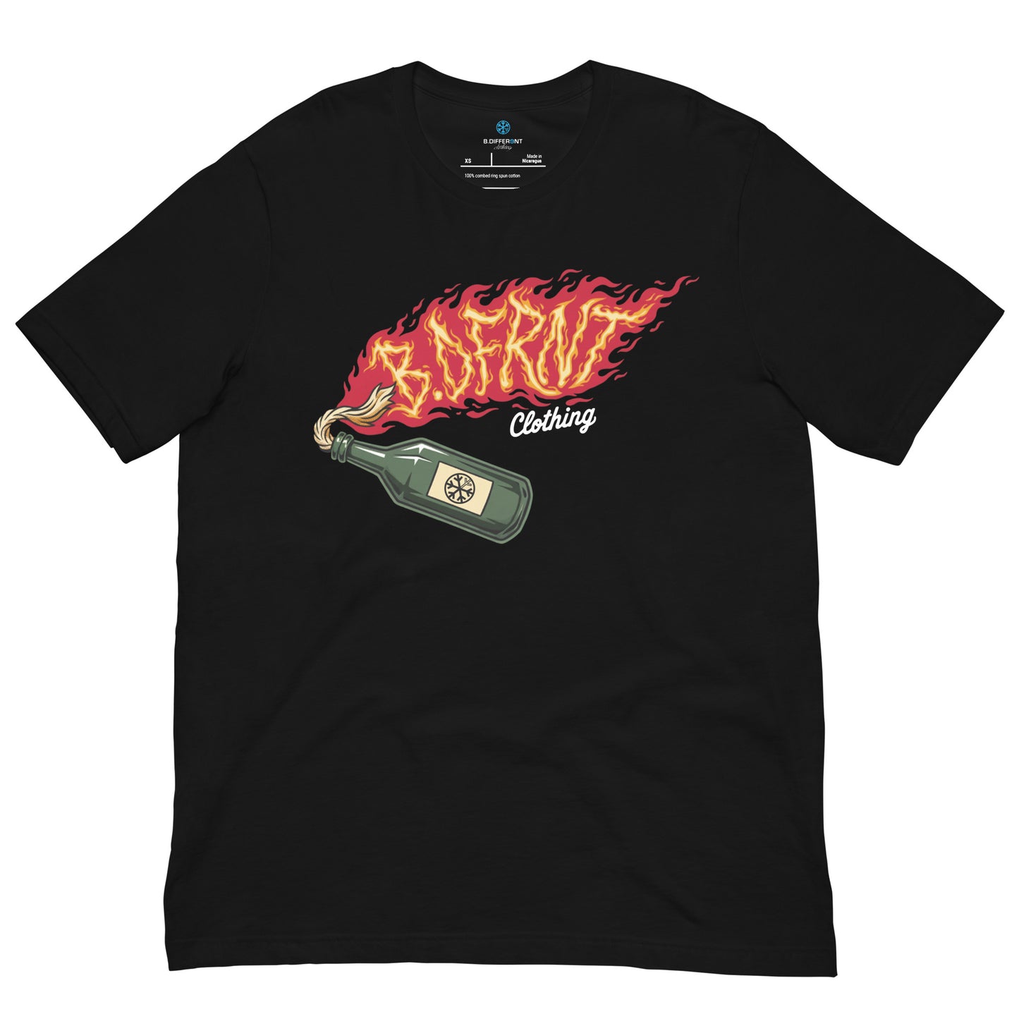 Black-Molotov Graffiti Tee from B.Different Clothing, front view, graffiti-inspired streetwear t-shirt