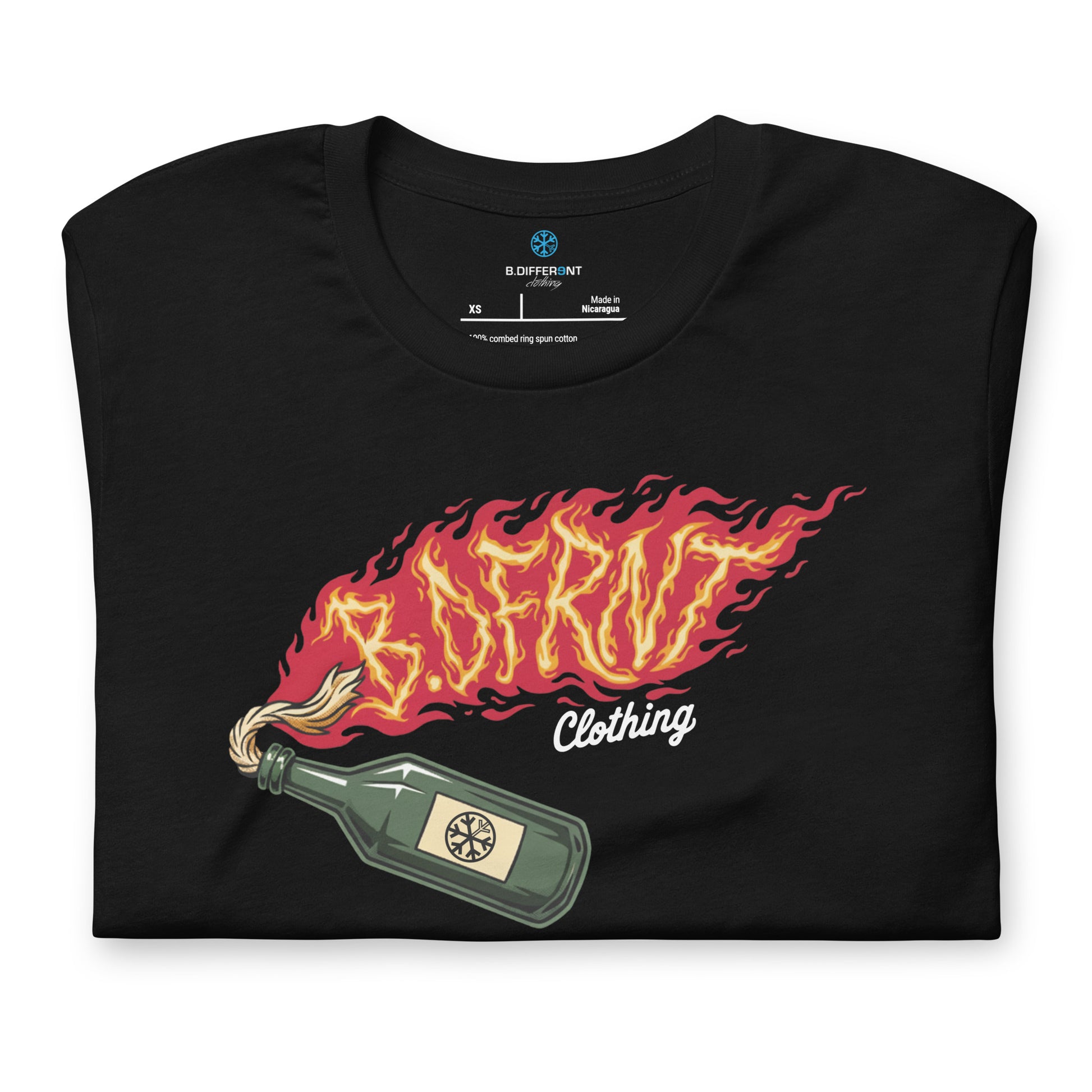 Black-Molotov Graffiti Tee from B.Different Clothing, folded, graffiti-inspired streetwear t-shirt