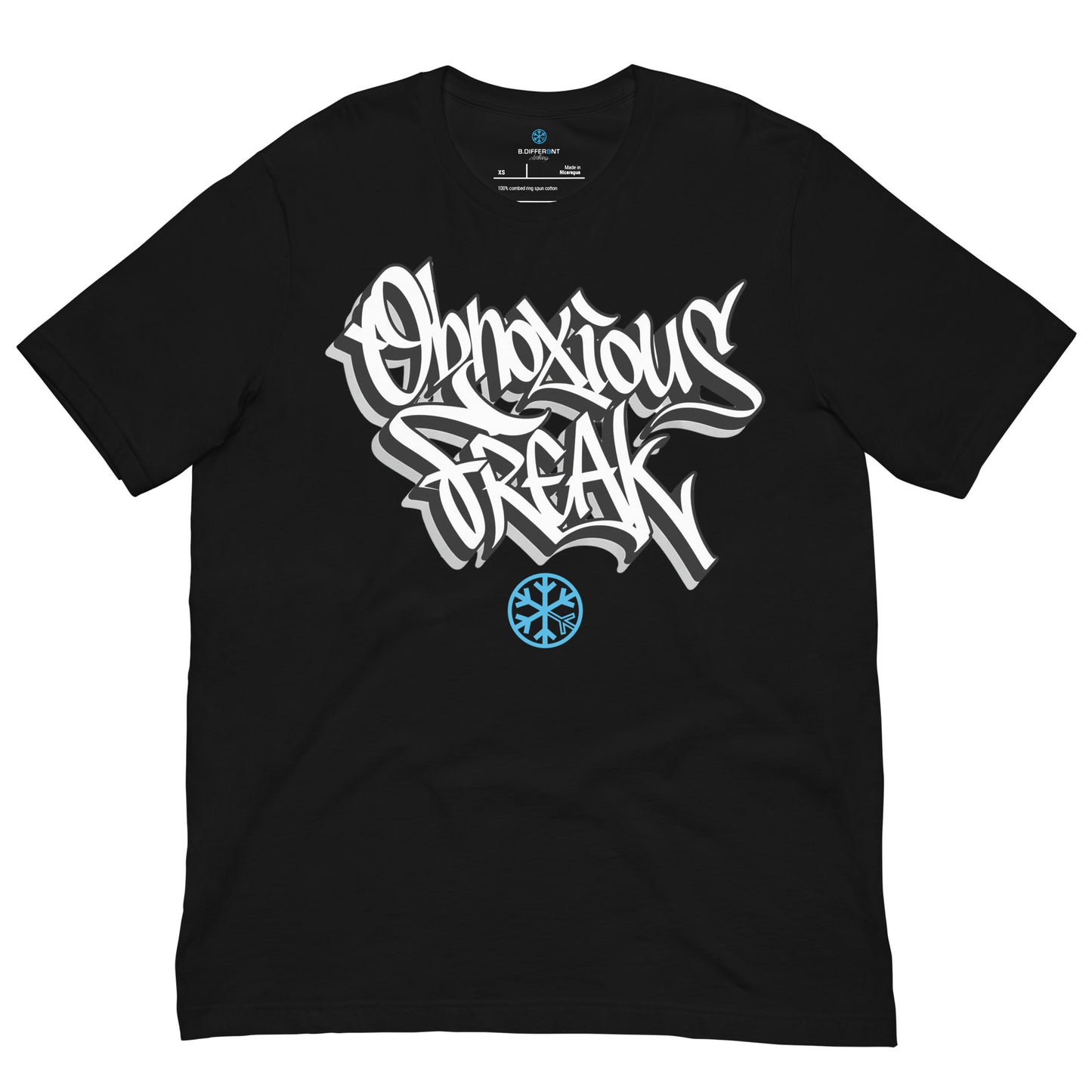 Black-Obnoxious Freak Graffiti Tee from B.Different Clothing, front view, graffiti-inspired streetwear t-shirt