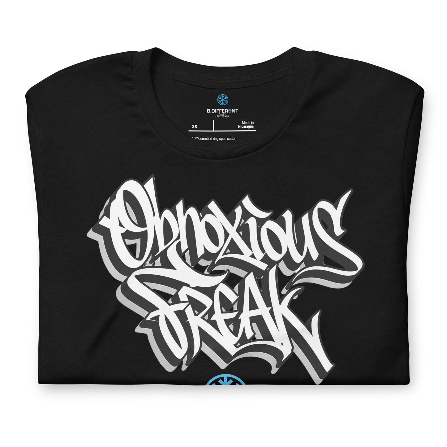 Black-Obnoxious Freak Graffiti Tee from B.Different Clothing, folded, graffiti-inspired streetwear t-shirt