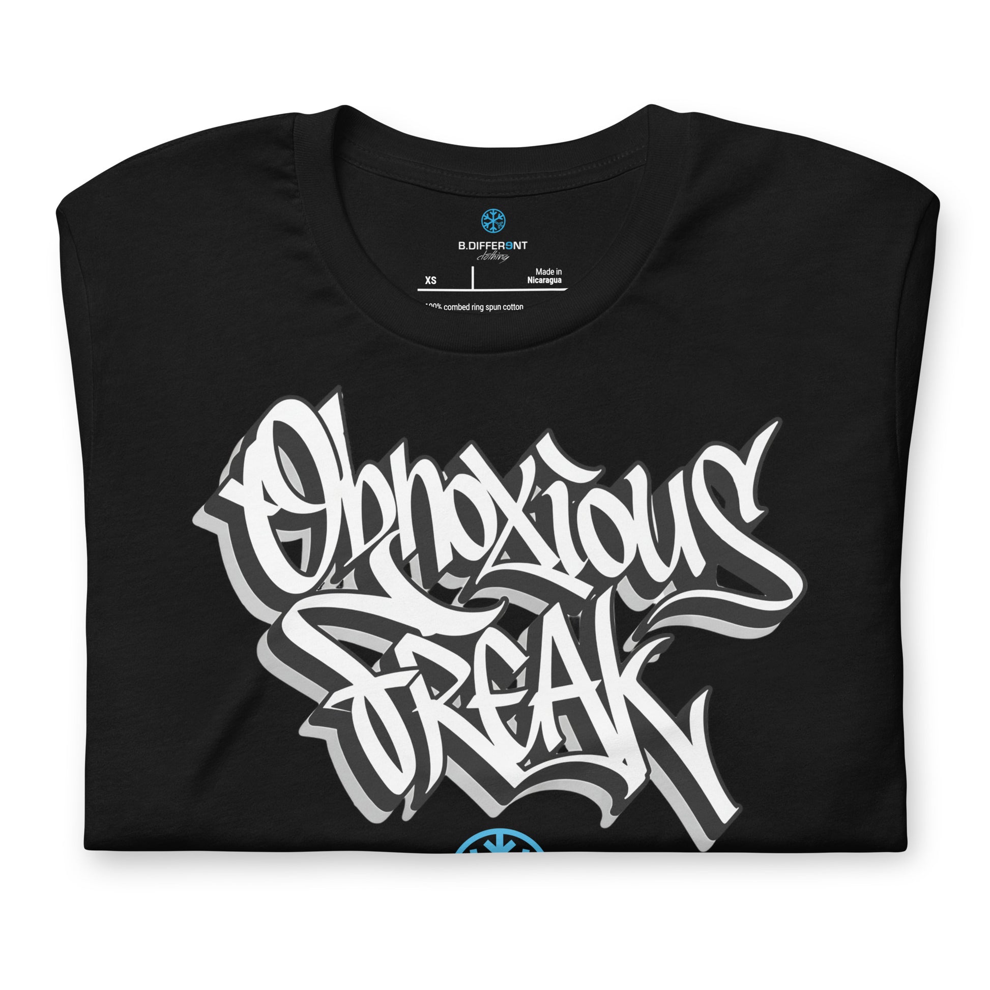 Black-Obnoxious Freak Graffiti Tee from B.Different Clothing, folded, graffiti-inspired streetwear t-shirt