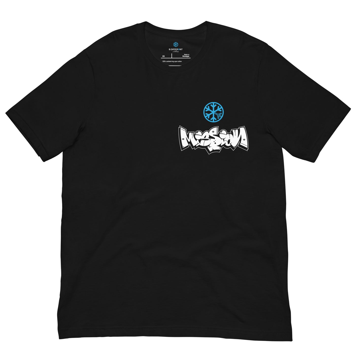 Black-Mission Graffiti Character Tee from B.Different Clothing, front view, graffiti-inspired streetwear t-shirt