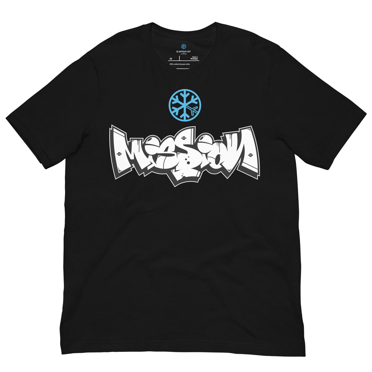 Black-Mission Graffiti Piece Tee from B.Different Clothing, front view, graffiti-inspired streetwear t-shirt