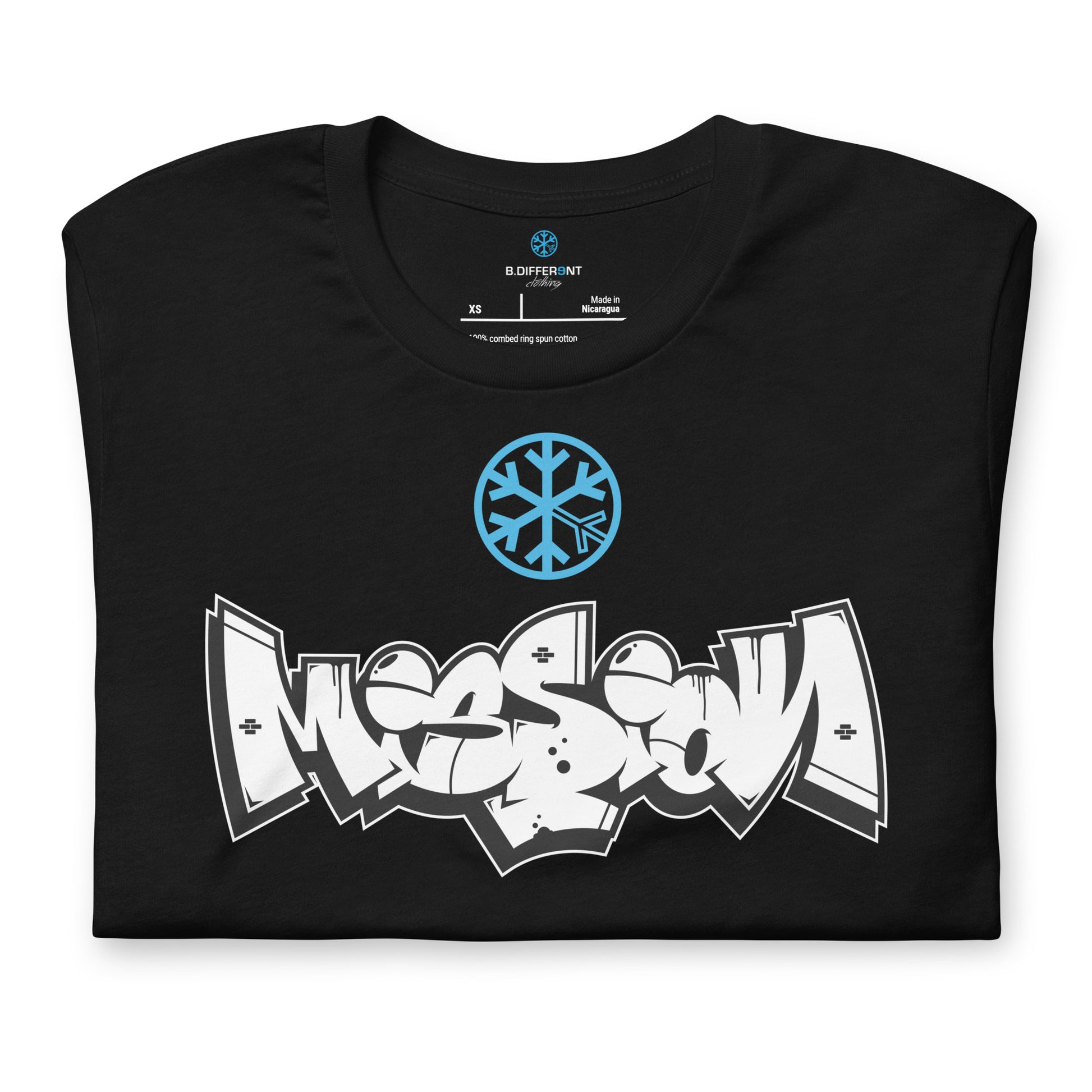 Black-Mission Graffiti Piece Tee from B.Different Clothing, folded, graffiti-inspired streetwear t-shirt