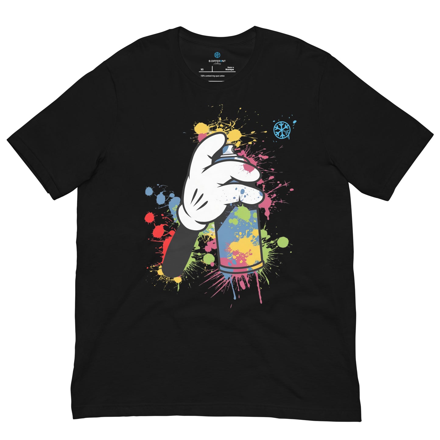 Black-Hand Spray Can Graffiti Tee from B.Different Clothing, front view, graffiti-inspired streetwear t-shirt