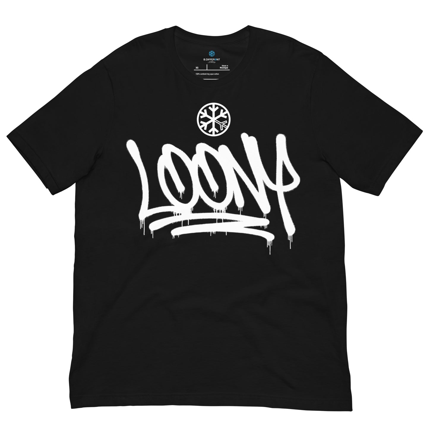 Black-Loony Graffiti Tag Tee  from B.Different Clothing, front view, graffiti-inspired streetwear t-shirt