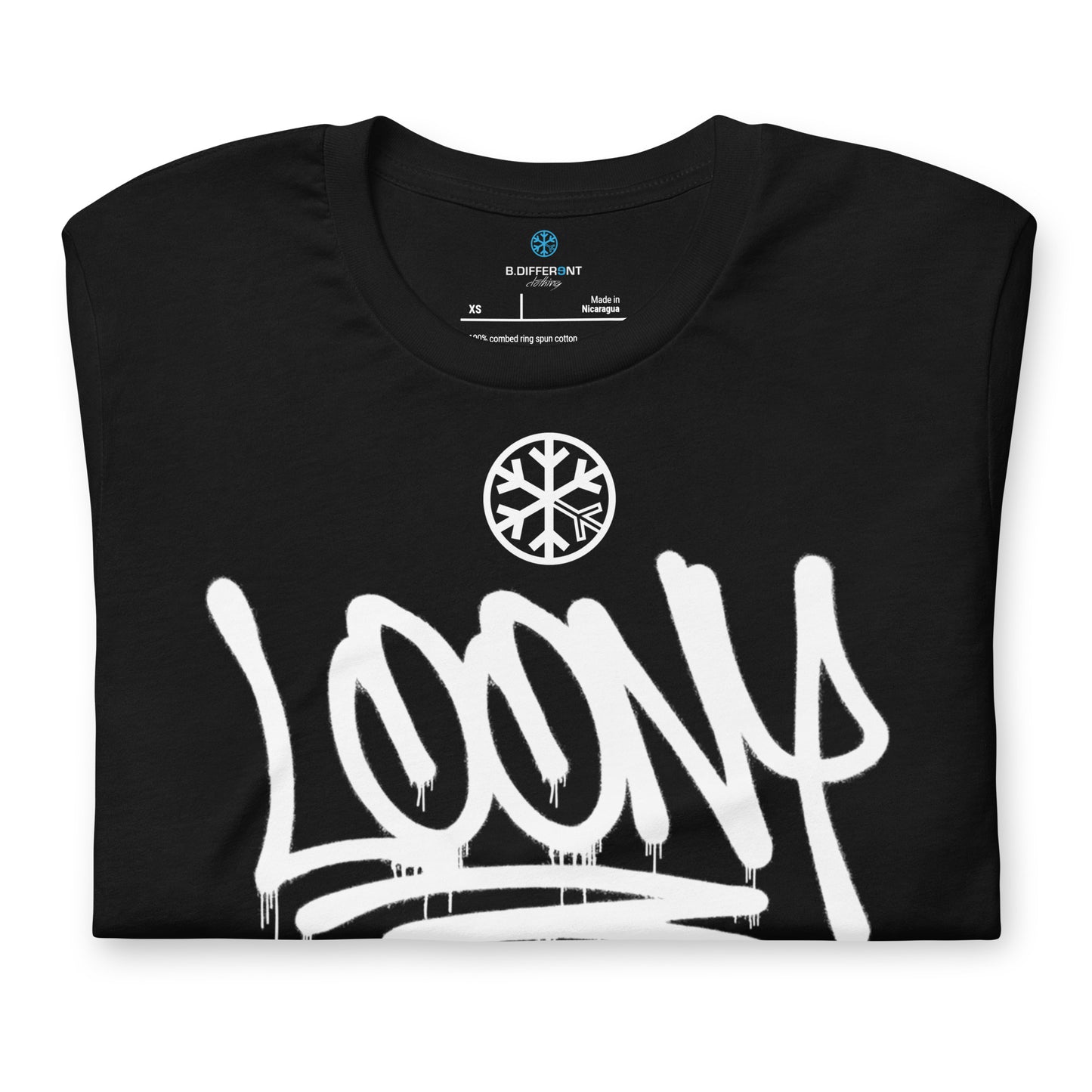Black-Loony Graffiti Tag Tee from B.Different Clothing, folded, graffiti-inspired streetwear t-shirt