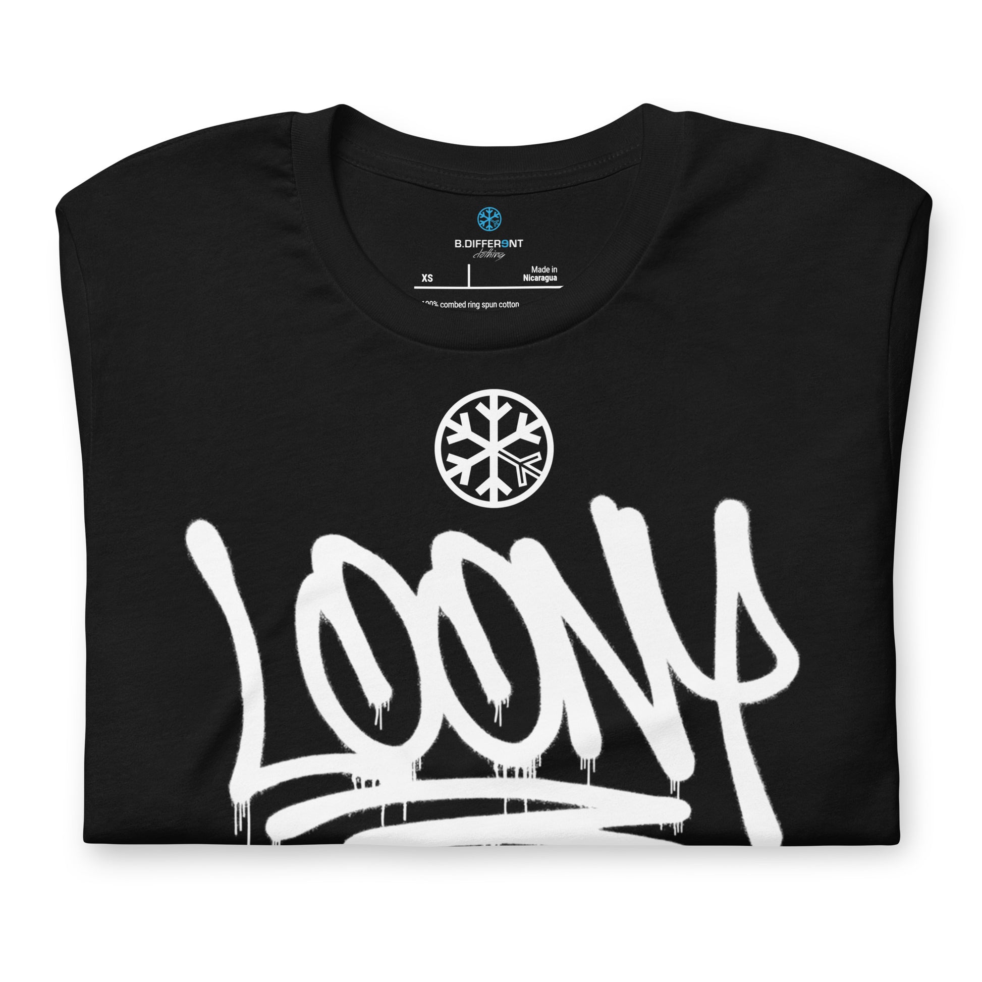 Black-Loony Graffiti Tag Tee from B.Different Clothing, folded, graffiti-inspired streetwear t-shirt