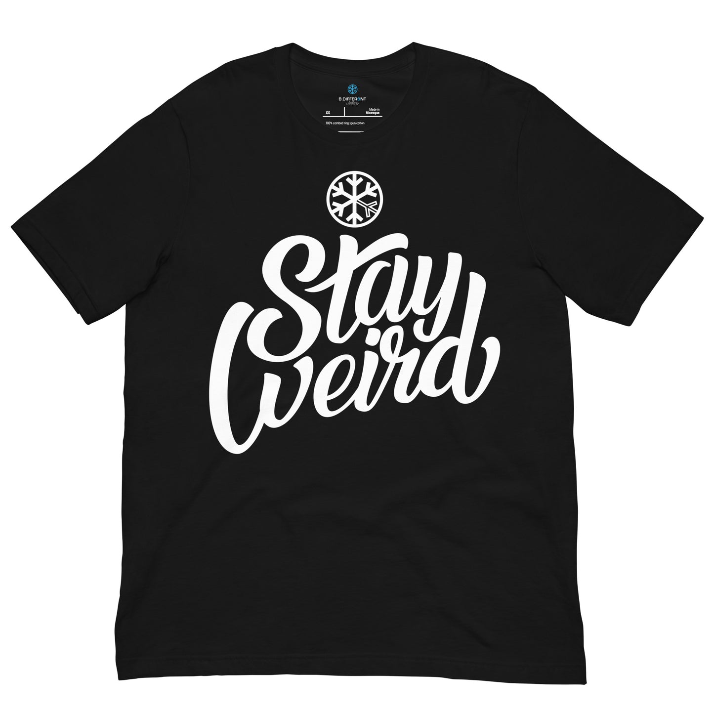Black-Stay Weird Tee from B.Different Clothing, front view, graffiti-inspired streetwear t-shirt